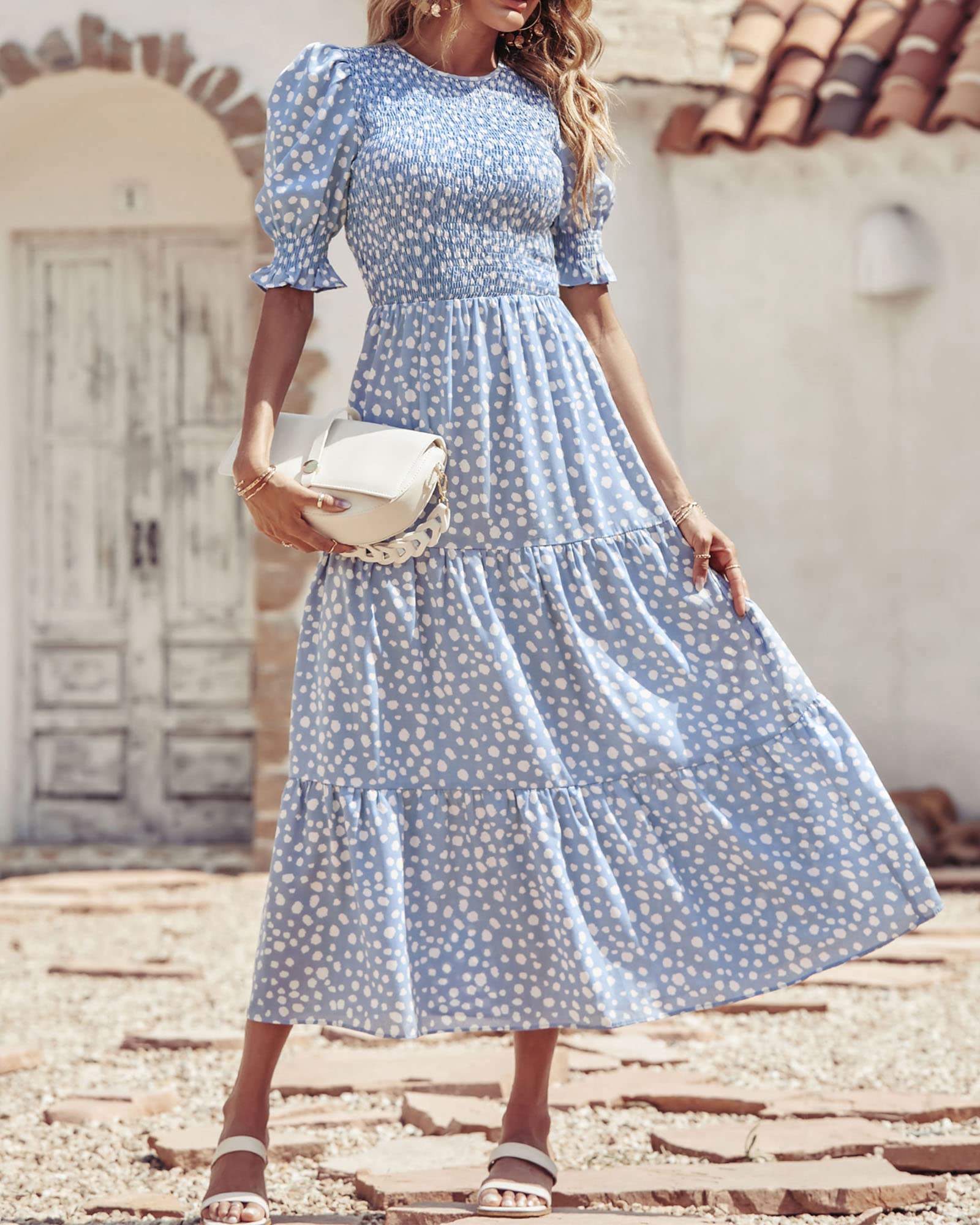 BTFBM Women's Casual Summer Maxi Dress - Floral Print Boho Flowy Smocked Ruffle Short Sleeve Crew Neck Dress for Spring/Summer 2025 | Perfect for Beach Vacations, Date Nights & Outdoor Parties