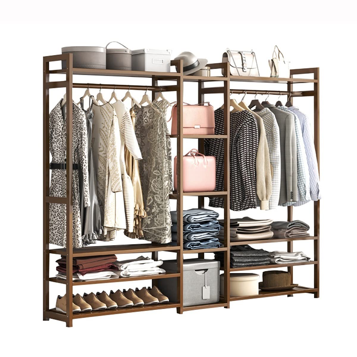 MZP 8-Tier Heavy Duty Wooden Garment Rack - Free Standing Clothes Hanging Storage Shelf (155x30x150cm) for Bedroom, Entryway & Closet Organization - Open Wardrobe Coat Stand with Durable Construction