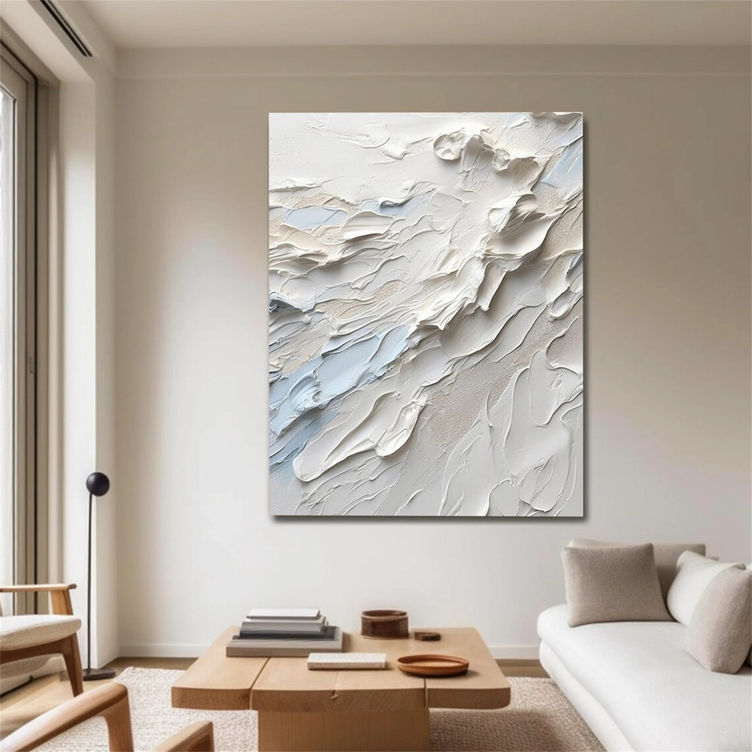 White Minimalist Textured Painting Canvas - Modern Abstract Wall Art for Living Room & Bedroom Decor #MM154 | Premium Stretched Canvas for Home & Office