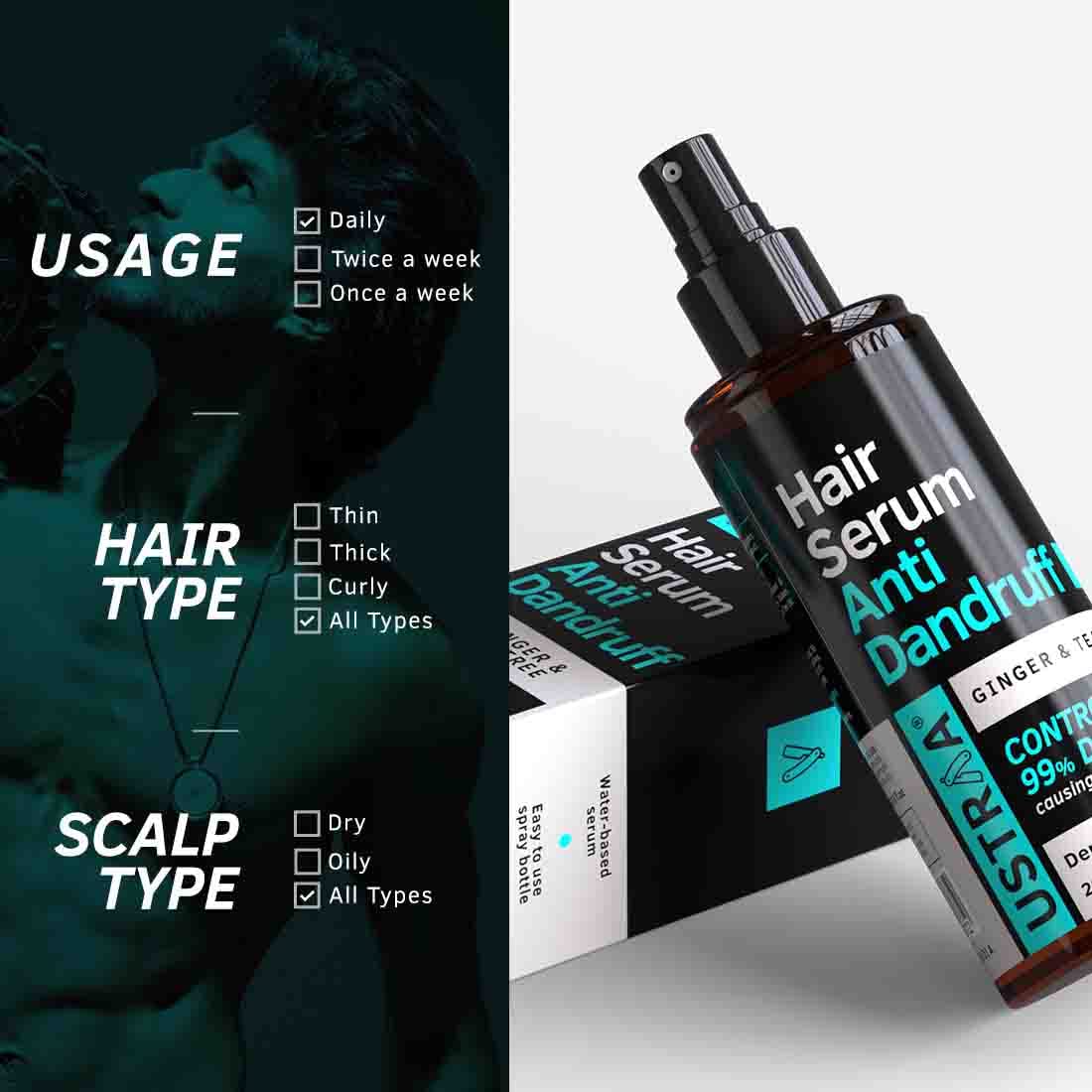 Ustraa Anti-Dandruff Hair Serum with Tea Tree & Ginger - 200ml | pH Balanced Scalp Treatment | Sulfate & Paraben Free | Fights Dandruff & Soothes Itchy Scalp | Perfect for Daily Hair Care & Scalp Health Maintenance