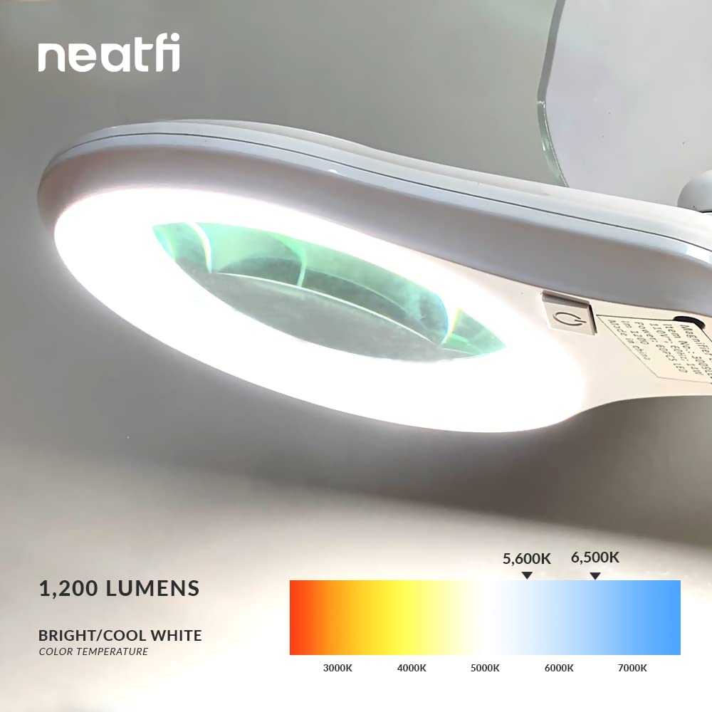 Neatfi (New Model) 1200 Lumens LED Magnifying Lamp with Clamp - 5 Inch Lens, Dimmable, 60 SMD LEDs, Adjustable Arm - 5 Diopter + 20 Diopter Bifocals - Perfect for Reading, Crafts, Jewelry Making & Detailed Work (White)