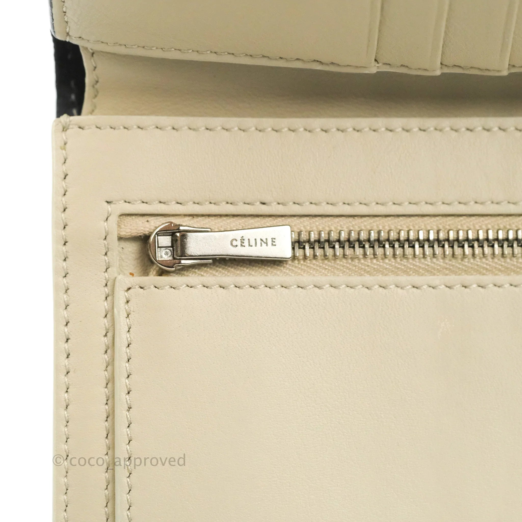 Celine Medium Strap Wallet in Grained Calfskin - Black & Cream Crossbody Bag for Women | Perfect for Everyday Use, Travel & Shopping