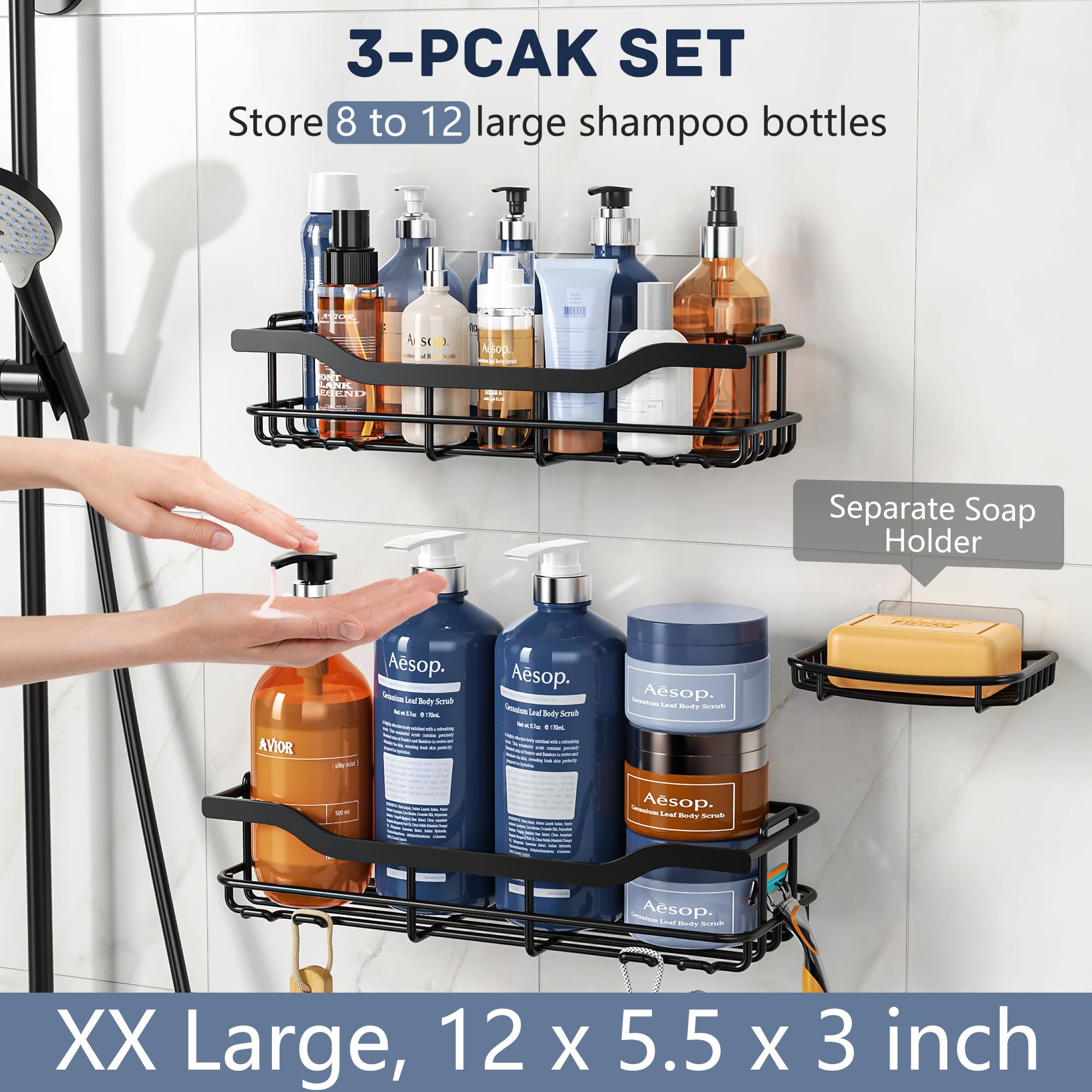 OMAIRA Adhesive Shower Caddy 3-Pack with Soap Holder - No Drill Bathroom Organizer, Wall Mounted Shower Shelf for Bathroom, Kitchen & Countertop - Black - Perfect for Small Spaces, Apartment Living & Rental Homes