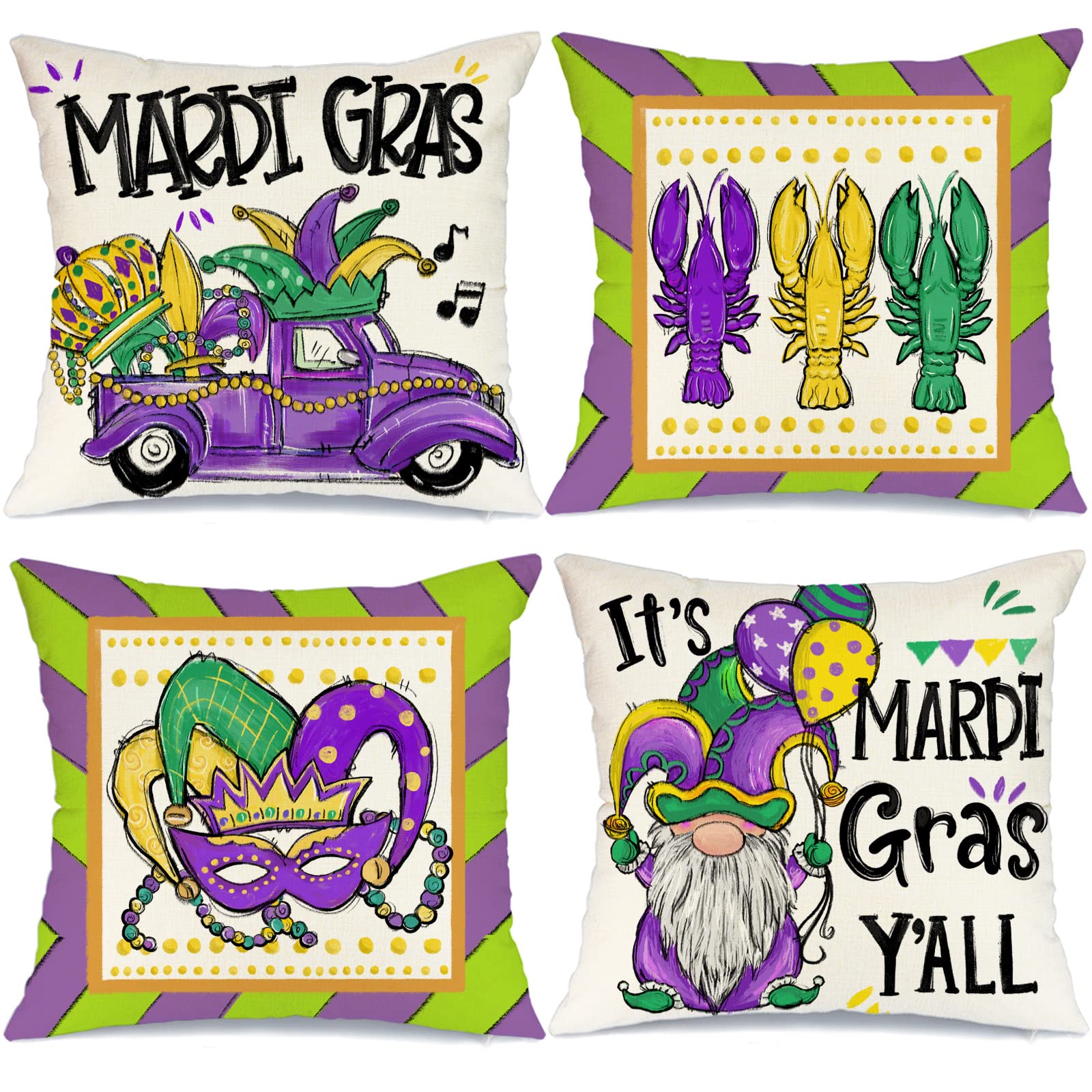 GEEORY Mardi Gras Pillow Covers 18x18 Inch Set of 4 - Decorative Throw Pillow Cases with Beads, Fleur De Lis & Gnome Designs for Home Decor, Sofa, Bed, Party - Happy Mardi Gras Celebration Accessories