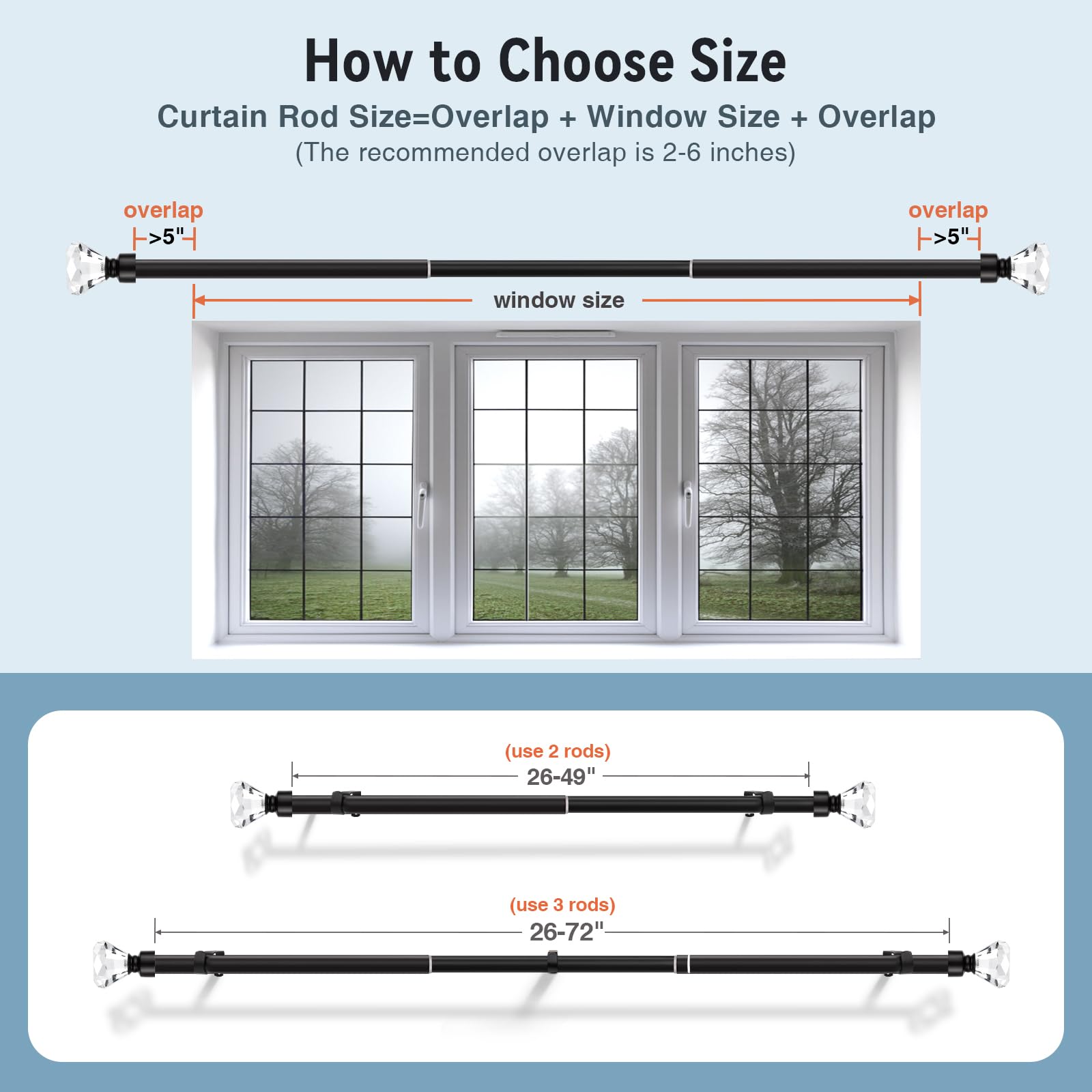 KNOBWELL Adjustable Black Cafe Curtain Rod - 1 Inch Diameter Single Window Treatment with Crystal Diamond Finial (36-72 Inch) - Perfect for Kitchen, Dining Room & French Windows