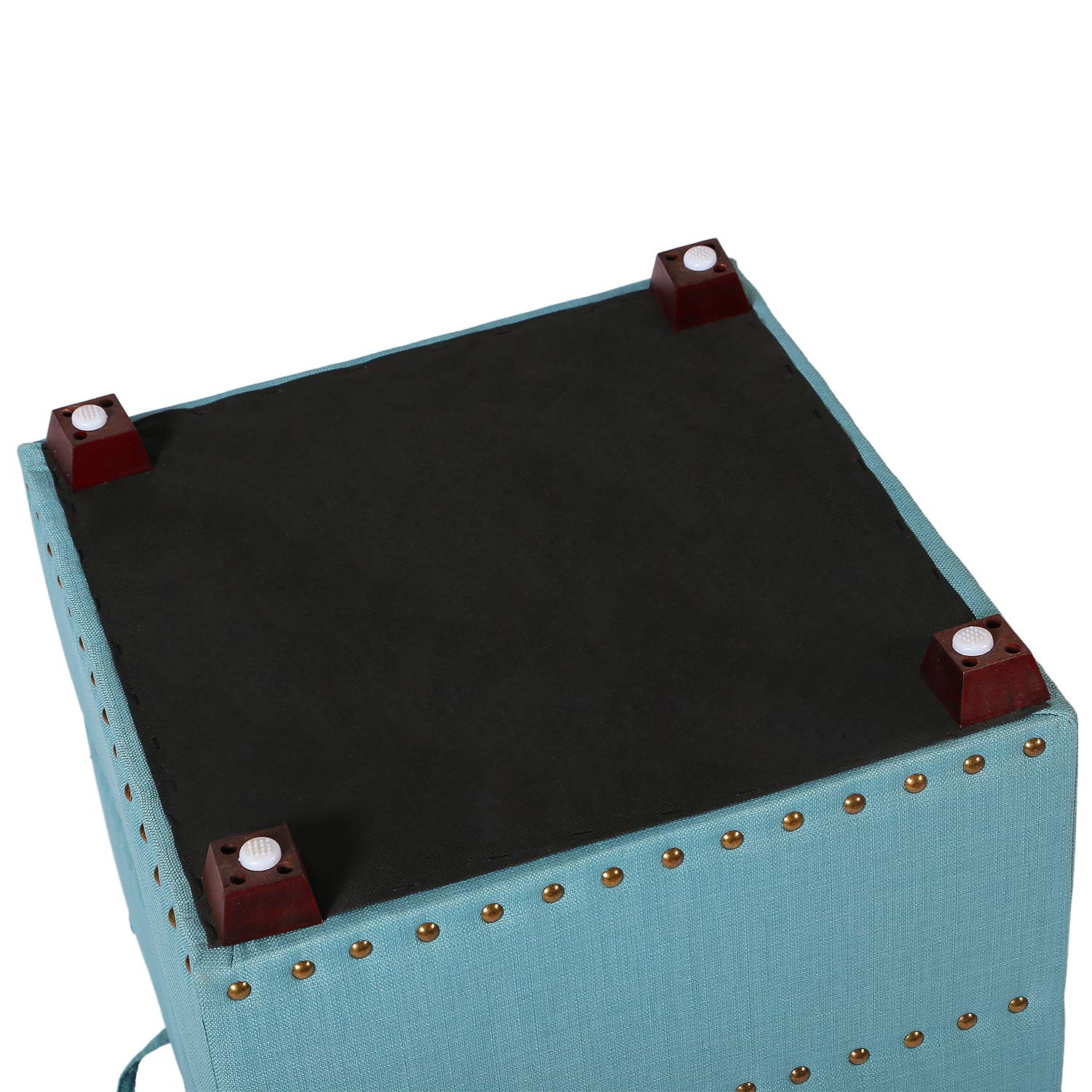 Adeco European Style Fabric Storage Ottoman Bench with Wooden Legs & Nailhead Trim - Blue Cube Footstool for Living Room, Bedroom & Entryway