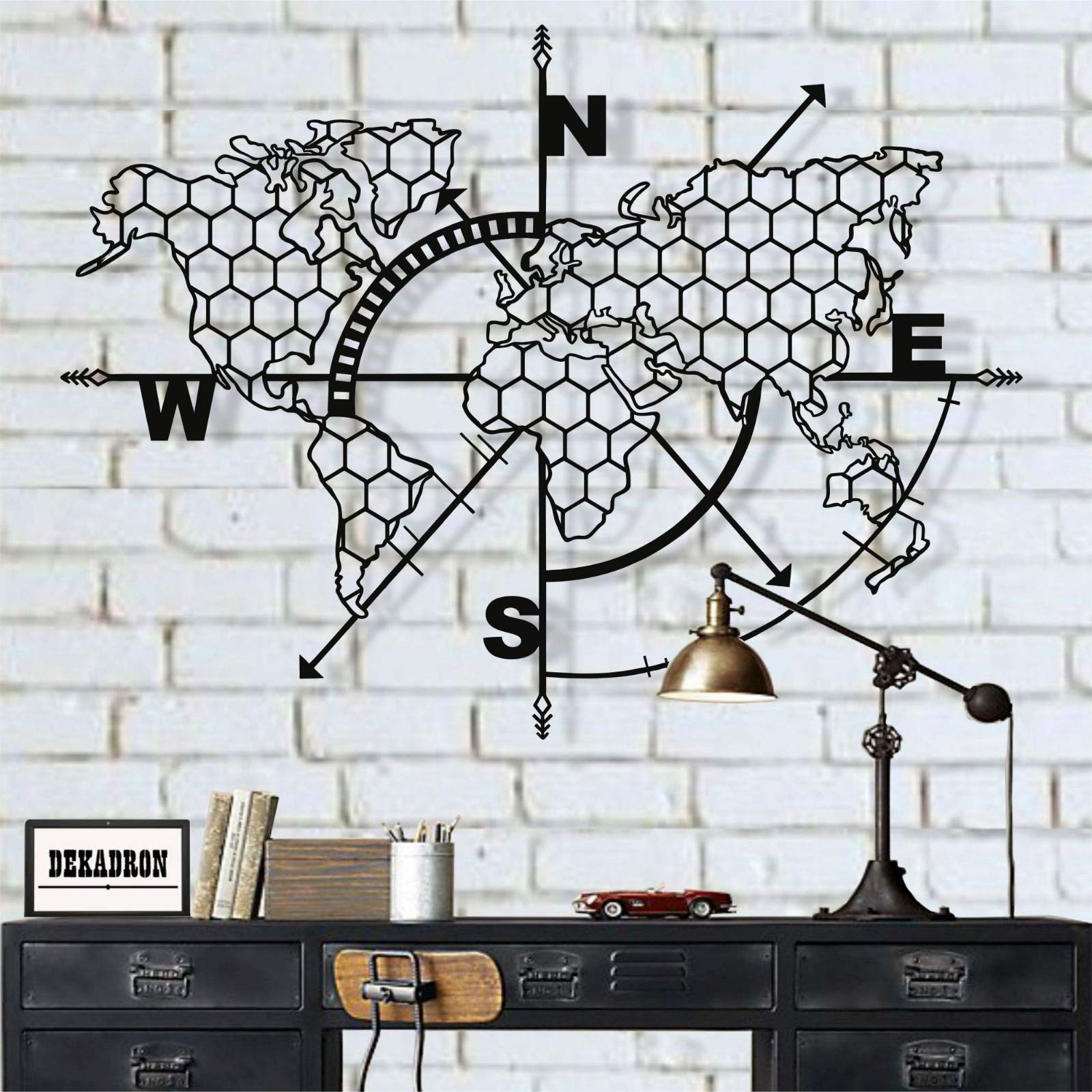 DEKADRON 3D Metal World Map Wall Art with Compass Honeycomb Design - Black 39