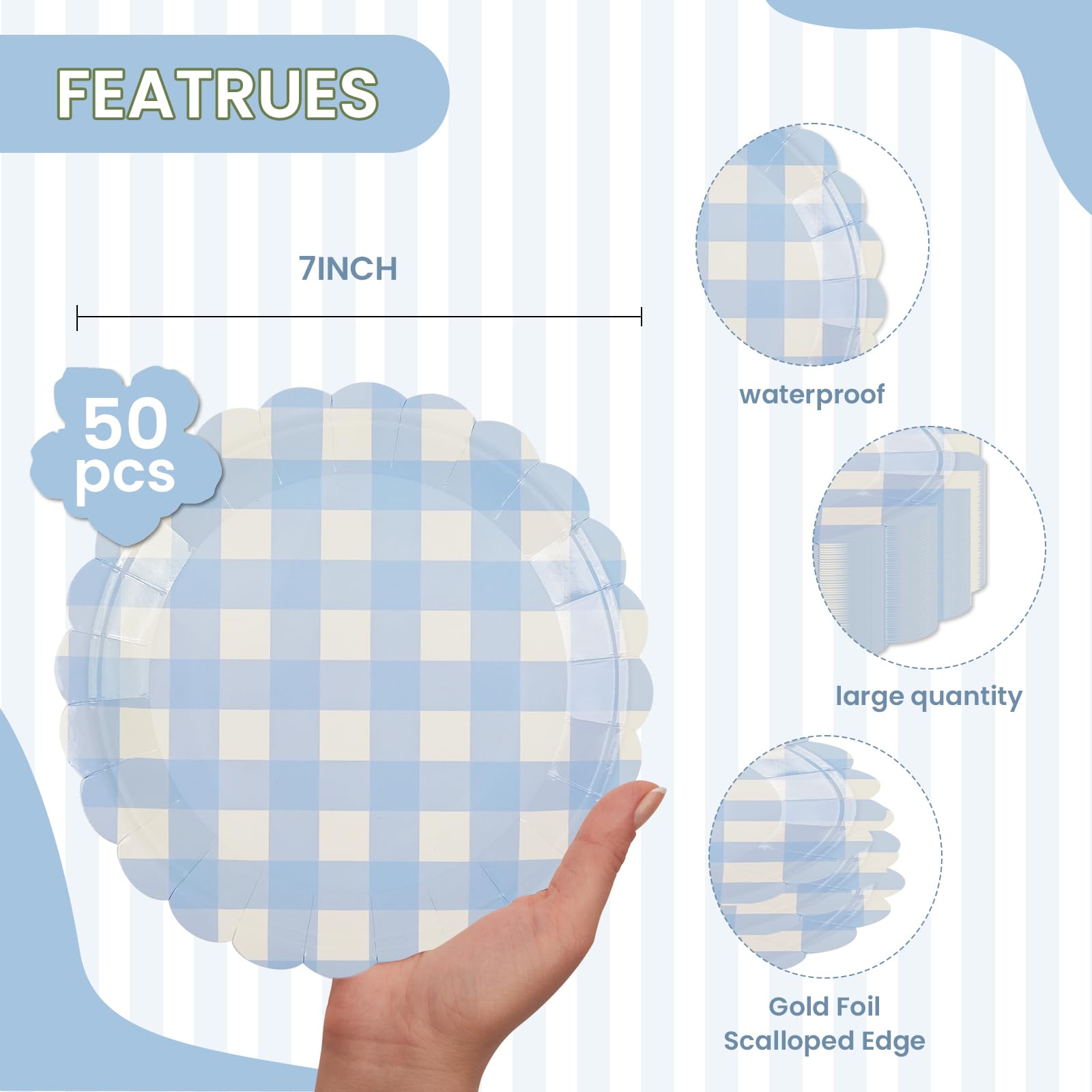 50PCS Light Blue Scalloped Paper Plates - 7 Inch Striped Disposable Dessert Plates for Cake, Salad, Fruit | Elegant Party Supplies for Birthday, Baby Shower, Wedding & Special Events | Perfect for Indoor/Outdoor Gatherings & Festive Celebrations
