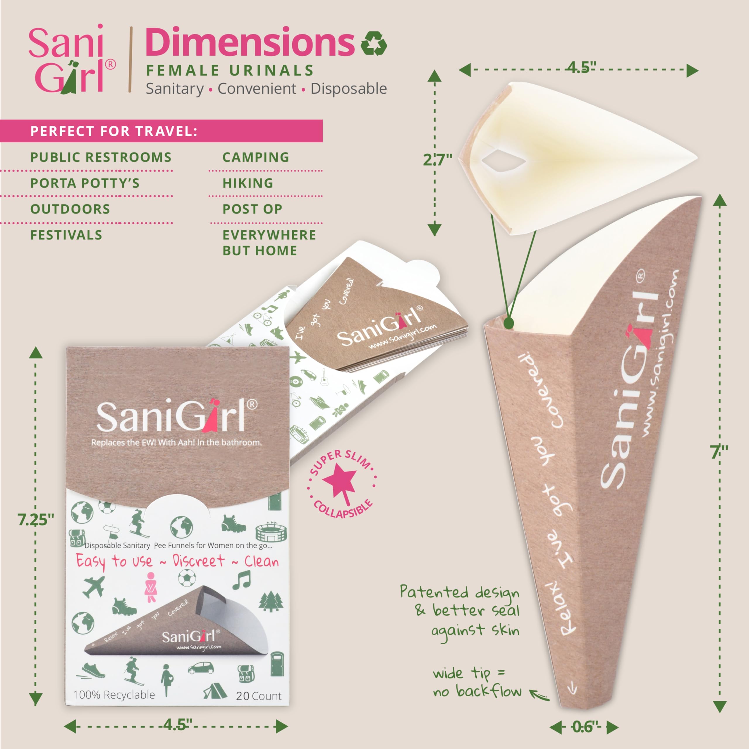 SaniGirl Disposable Female Urination Device - 20 Pack Leak-Proof Pee Funnel for Women, Travel & Camping Essentials | Portable Female Urinal for Outdoor Activities, Hiking, Road Trips & Emergency Use