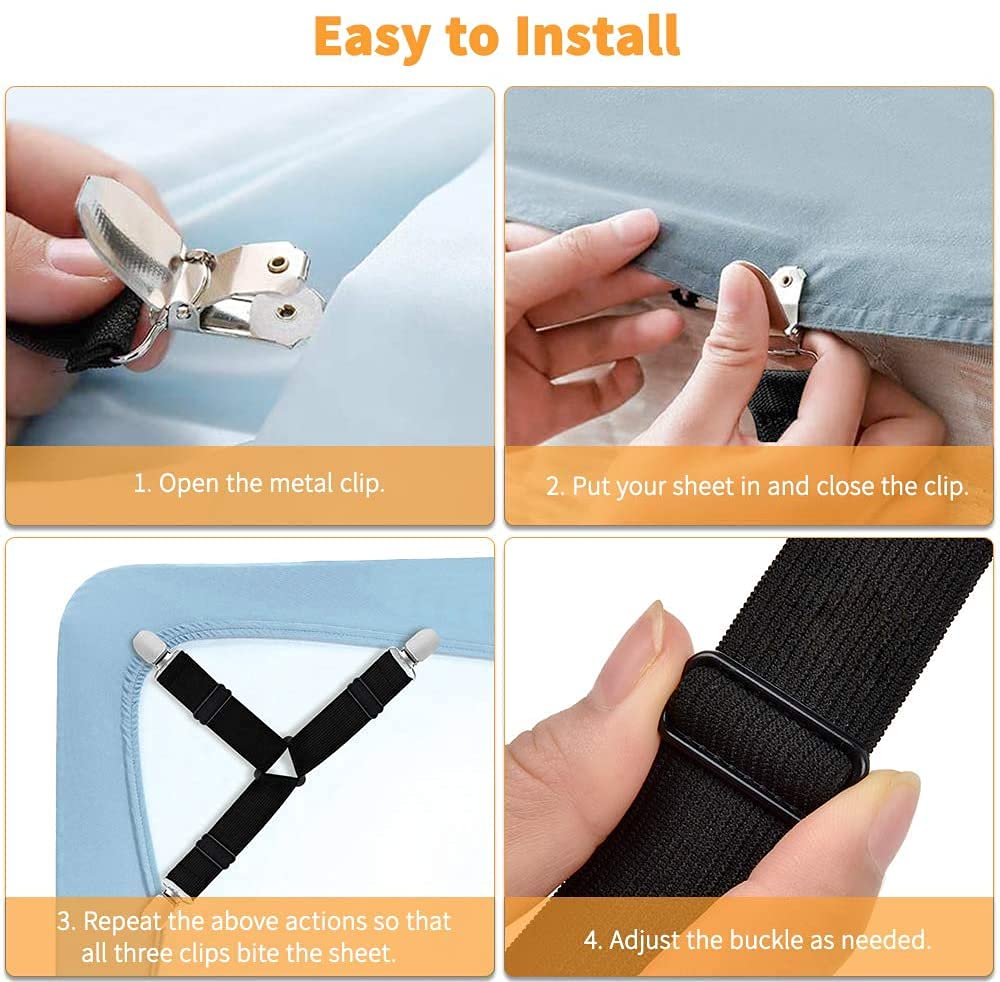 Struqta 4-Pack Adjustable Triangle Elastic Bed Sheet Holder Straps - Heavy Duty Gripper Clips for Mattress Covers, Sofa Cushions & Fitted Sheets (14cm, Black) - Keep Bedding Secure All Night for Better Sleep