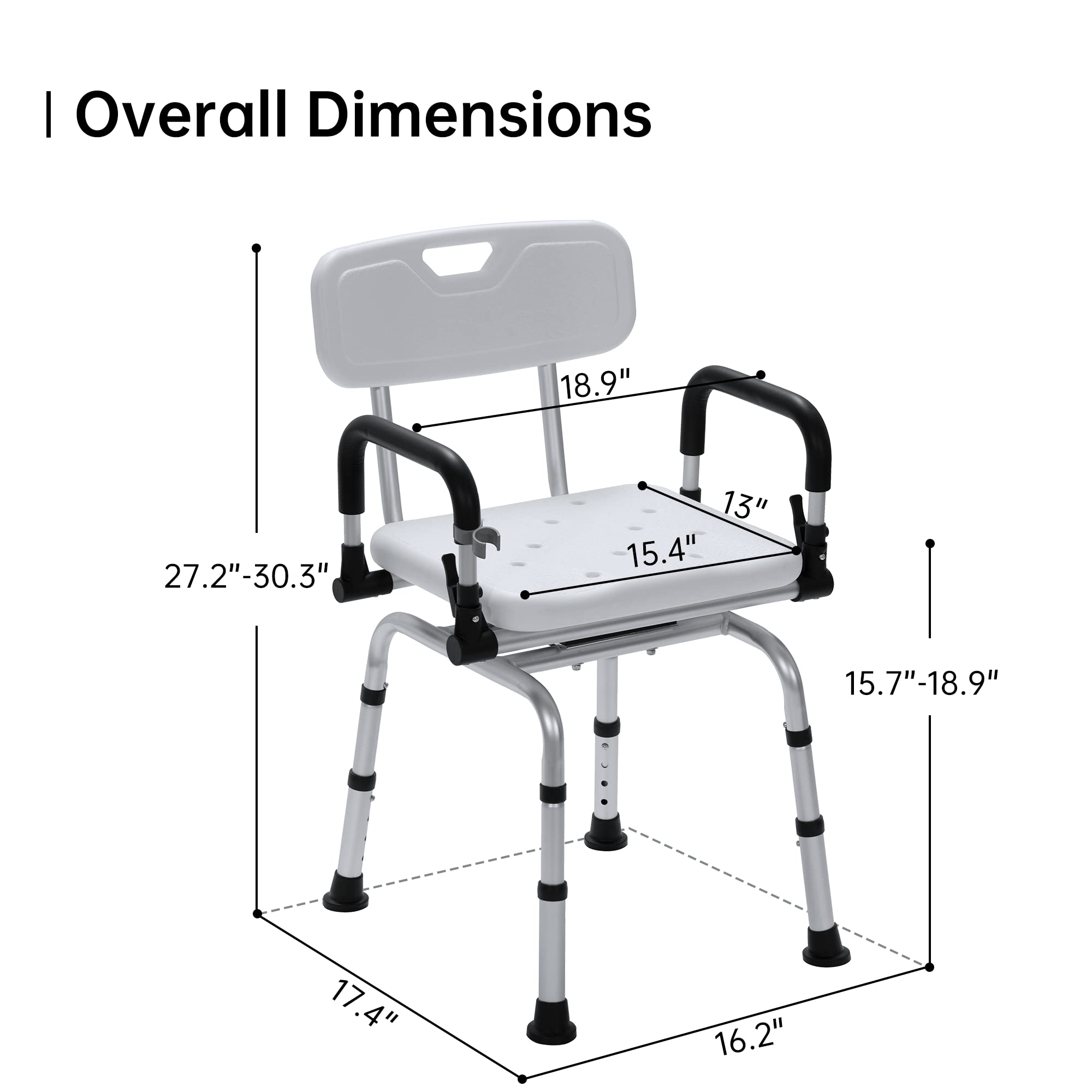 ELENKER Adjustable Swivel Shower Chair with Liftable Armrests & Backrest - Medical Grade Rotating Bath Seat for Elderly & Disabled - Perfect for Bathroom Safety & Mobility Assistance