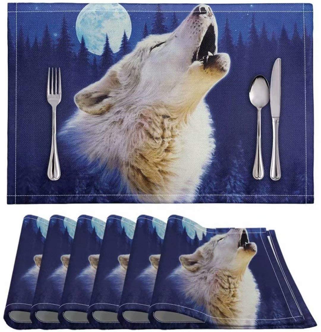 Advocator Moonnight Wolf Table Mats Set of 6 - Waterproof & Wipeable Kitchen Table Mats for Easy Cleaning - Protect Dining Tables from Spills & Stains - Perfect for Restaurants, Home Kitchen Decor & Dinner Parties