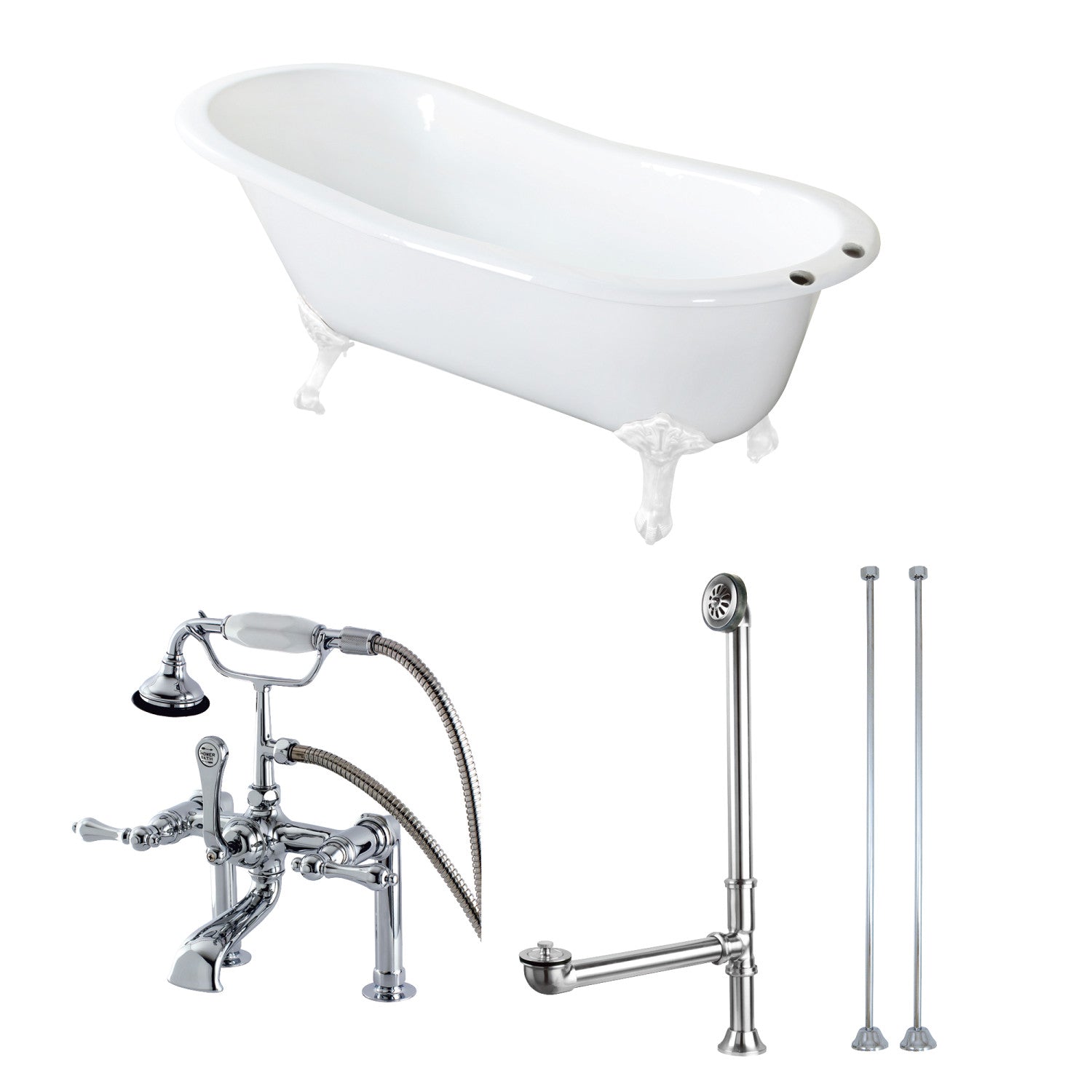 Aqua Eden 62 Inch White Cast Iron Oval Single Slipper Clawfoot Bathtub with Faucet, Drain & Supply Lines - Vintage Freestanding Soaking Tub for Luxury Bathroom & Spa Retreat - Polished Chrome Finish