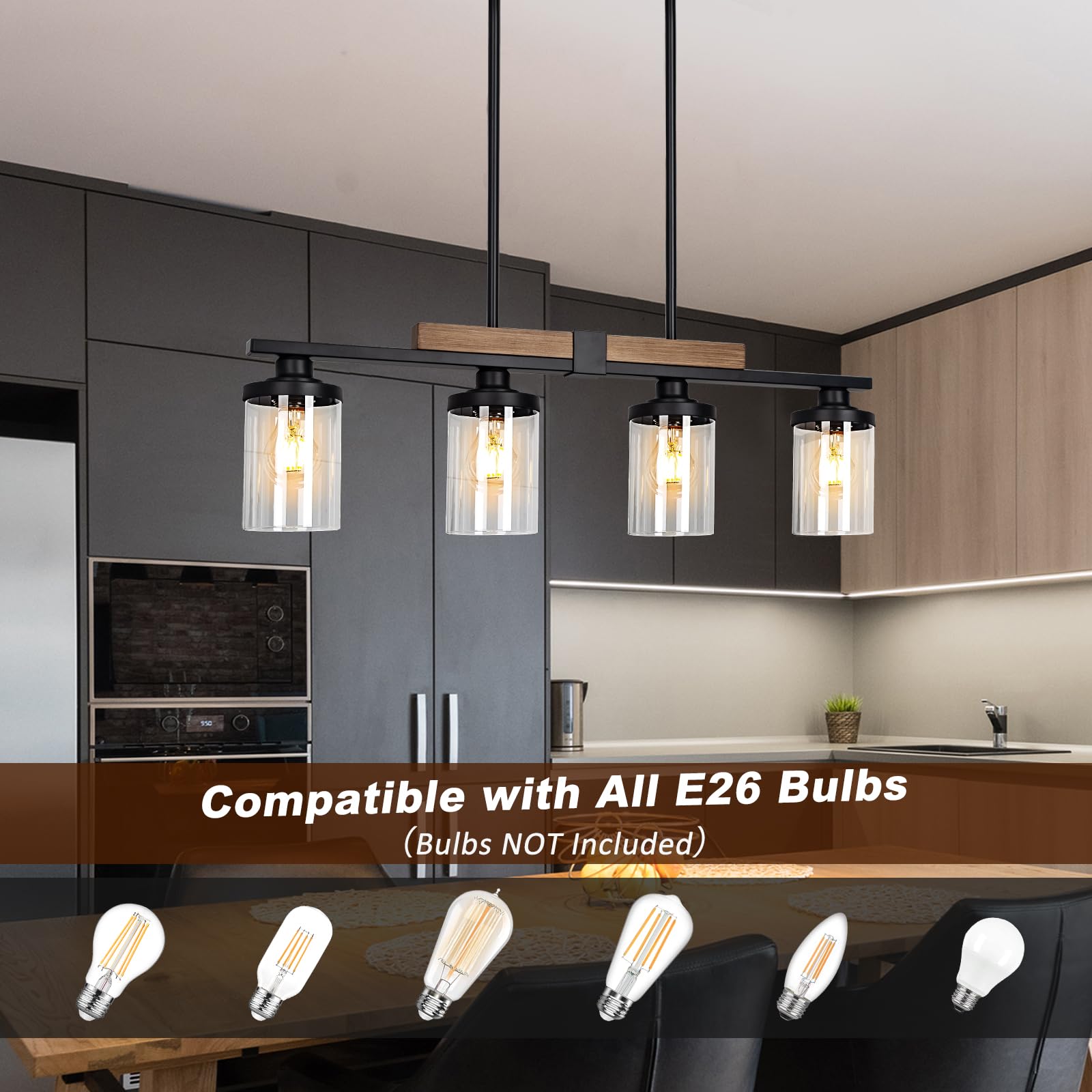 Farmhouse 4-Light Wood Chandelier - Adjustable Height Kitchen Island Pendant Lighting, Modern Industrial Black Ceiling Fixture for Dining Room & Living Room | Perfect Over Table, Breakfast Bar or Open Concept Spaces