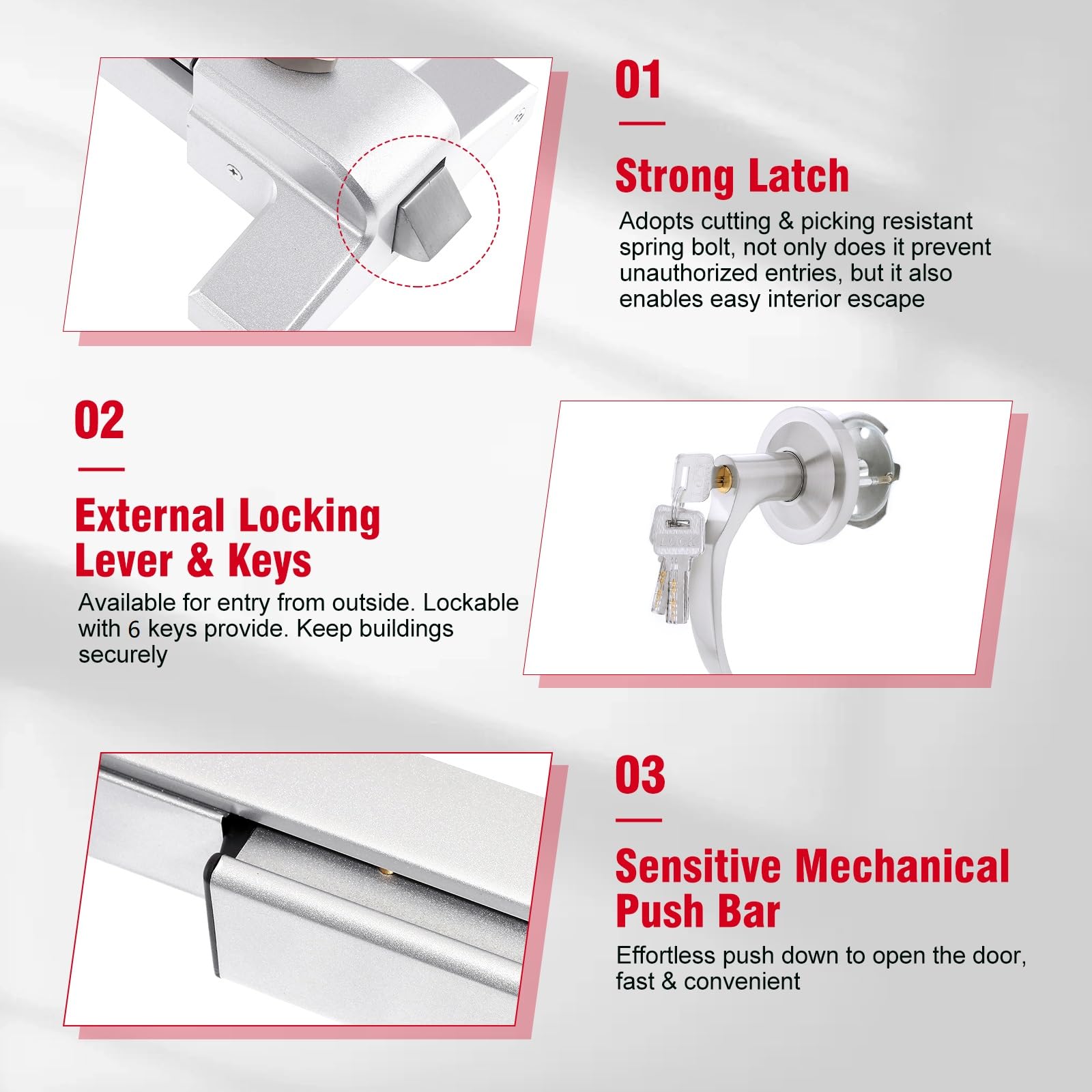 Stainless Steel Panic Bar Exit Device - Commercial Grade Push Bar Door Lock with Exterior Lever for 28-41