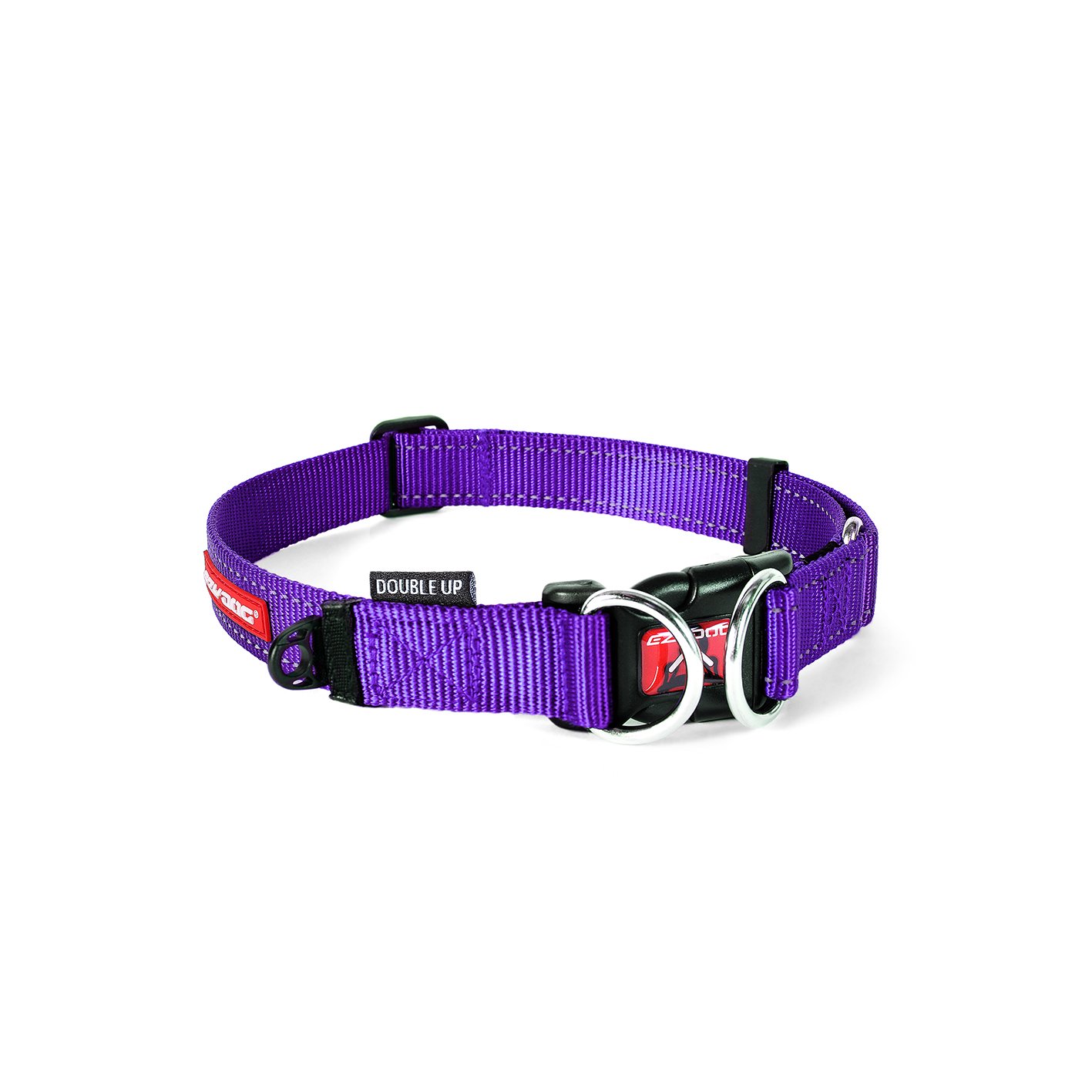 EzyDog Double Up Dog Collar - Heavy Duty Nylon Pet Collar with Dual D-Rings, Reflective Trim & ID Tag Holder - Medium Size Purple - Perfect for Walking, Training & Outdoor Adventures with Your Dog