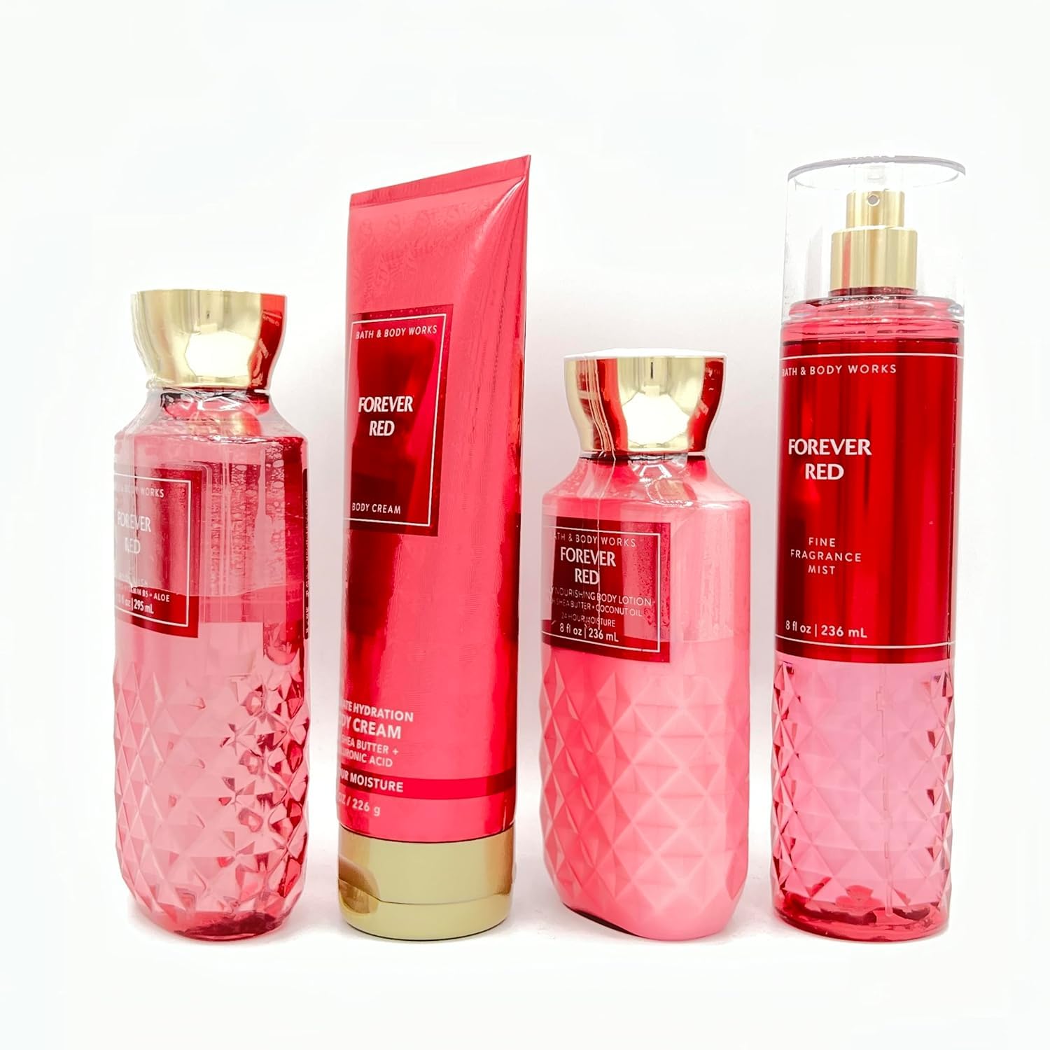 Forever Red 4-Piece Deluxe Gift Set - Body Wash, Hydrating Body Cream, Nourishing Body Lotion & Fragrance Mist | Valentine's Day Gift, Anniversary Present, Self-Care Luxury Set for Women