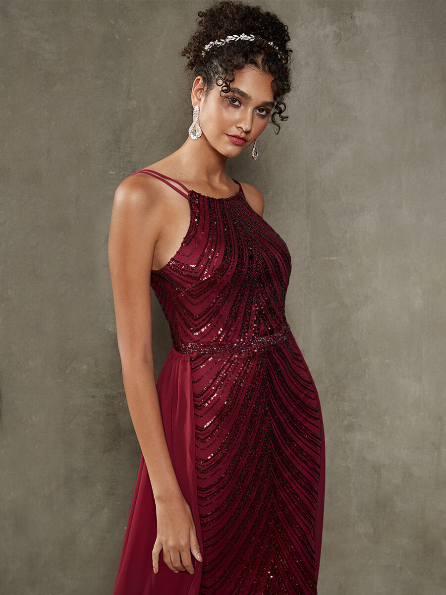 Elegant Burgundy Convertible Halter Sequin Floor Length Formal Evening Gown for Prom, Wedding & Special Occasions