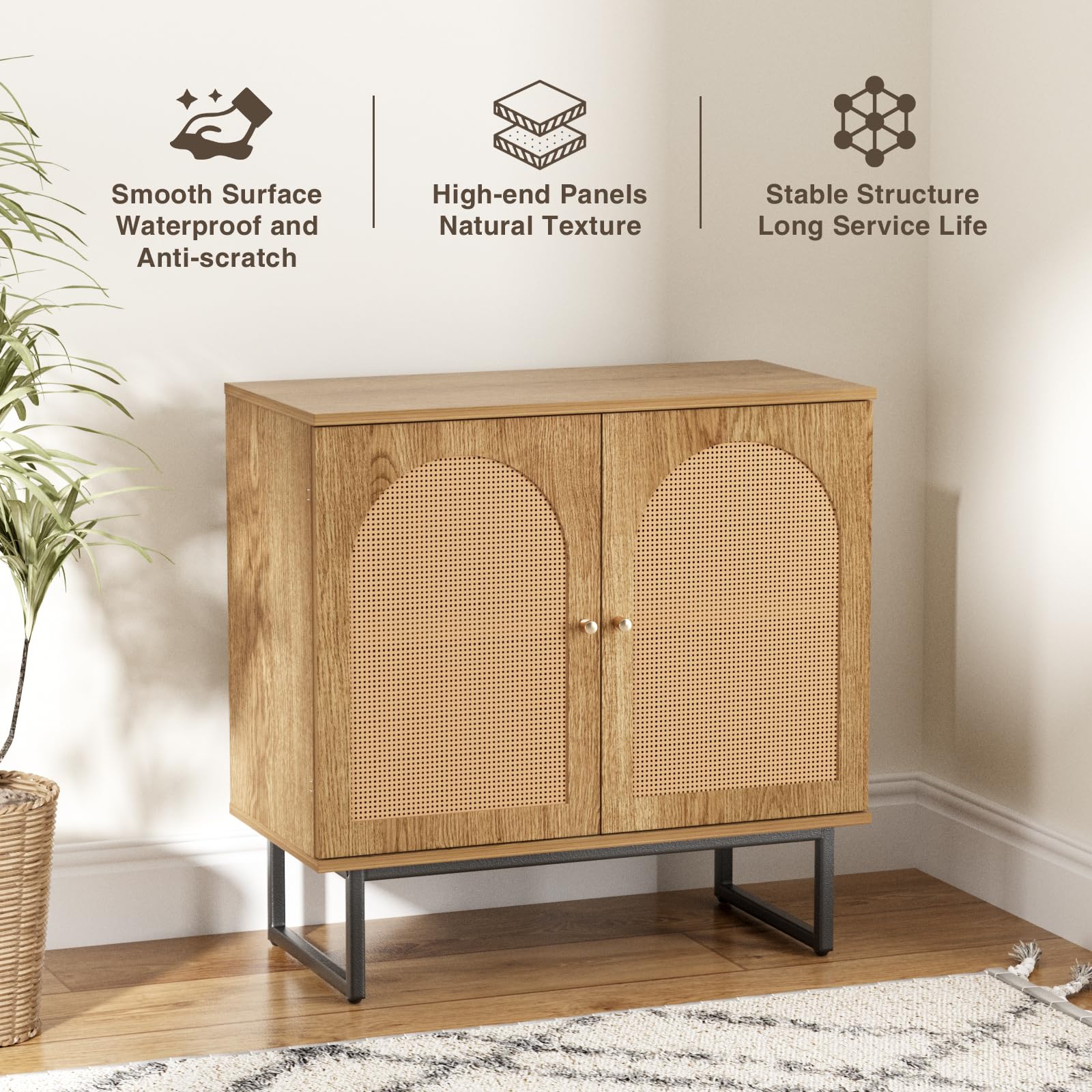 Rattan Sideboard Buffet Cabinet with Metal Legs - Boho Style Credenza for Living Room, Dining Room, Entryway - Natural Wood Buffet Storage Cabinet Set of 2 - Perfect for Home Decor, Entertaining & Organizing Dishes
