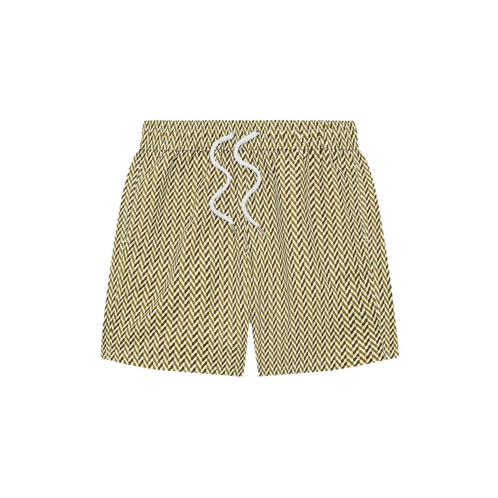 FRESCOBAL CARIOCA Board Swim Shorts for Men - Quick Dry Beach Trunks with Copacabana Print, White/Green - Perfect for Swimming, Surfing & Summer Vacations