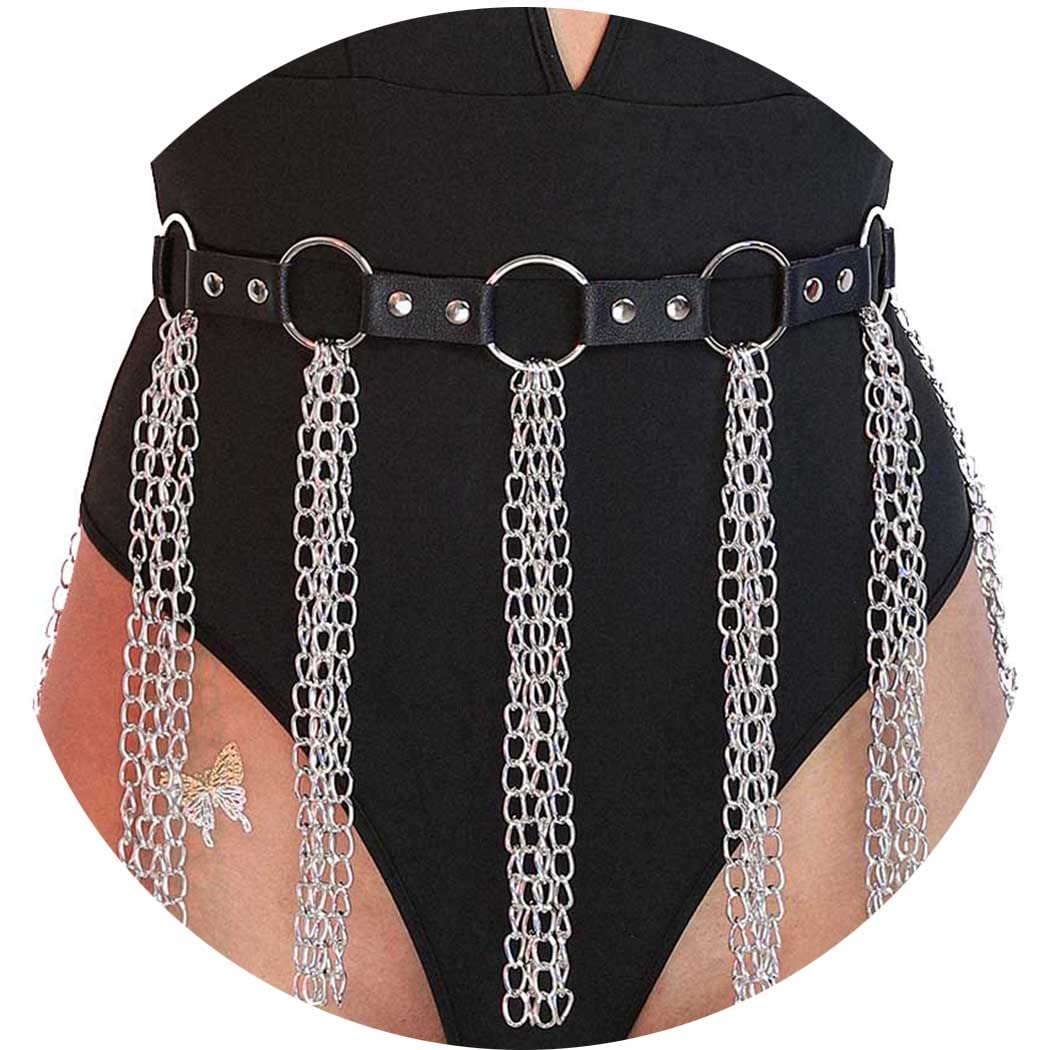 Sinalty Black Leather Waist Chain for Women - Punk Body Jewelry Belly Chain Accessories for Parties, Raves & Festival Outfits