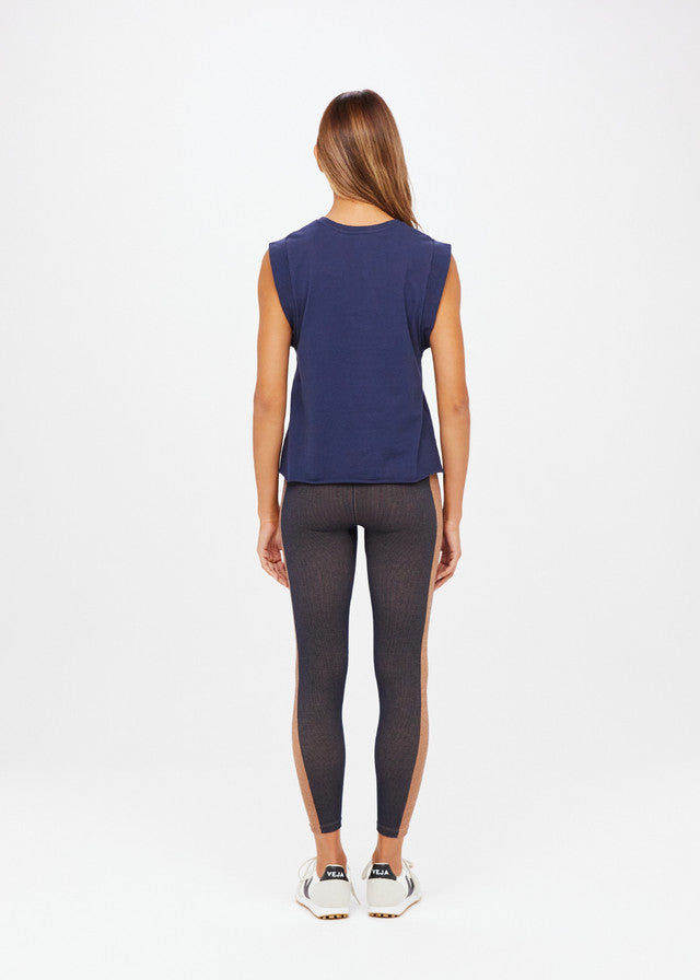 Cropped Muscle Tank for Women - Navy Blue Sleeveless Workout Top - Gym, Yoga & Summer Outfit