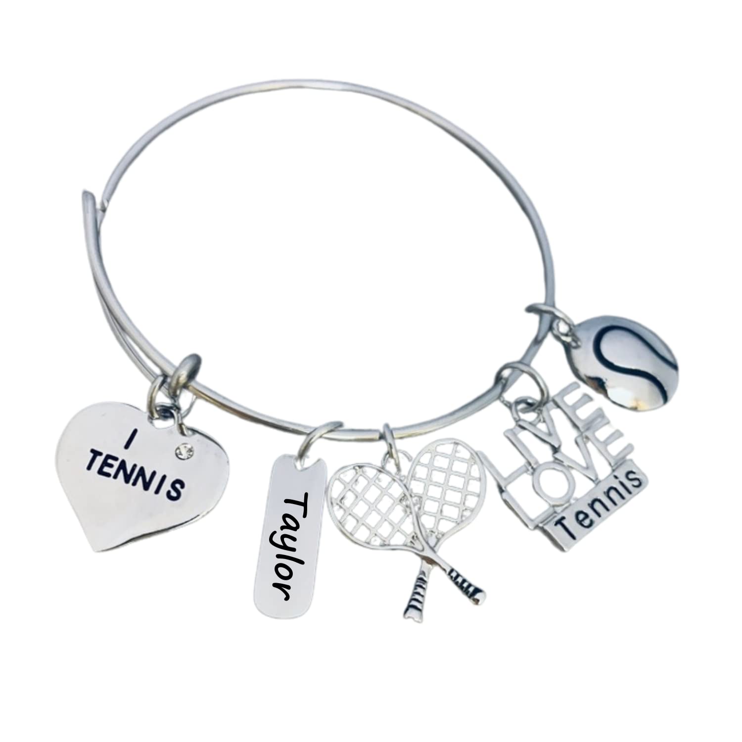 Personalized Tennis Bracelet with Engraved Name Charm - Custom Tennis Jewelry Gift for Women - Tennis Racket Charm Bangle for Players, Coaches & Fans - Ideal for Matches, Training & Special Occasions