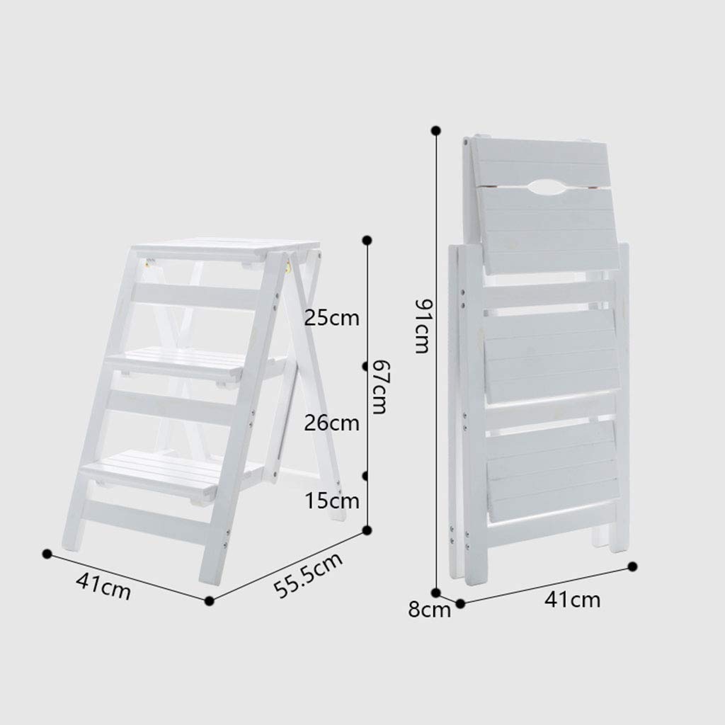 NEVKA Natural Wood Folding Step Stool - 3 Step Ladder, Portable Bookshelf, Home Library Stool with 150kg Capacity, White - Perfect for Home, Office, and Kitchen Use
