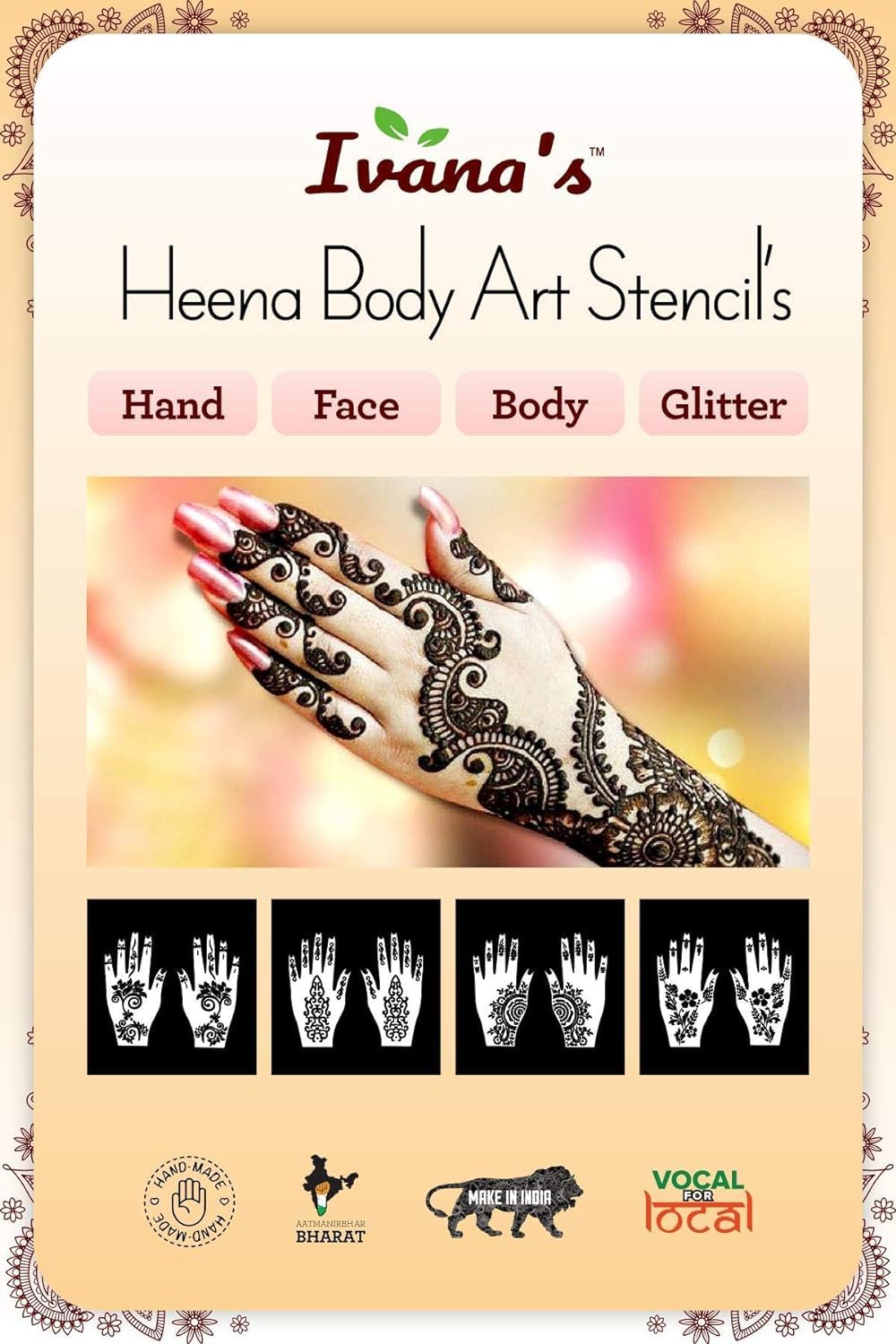Premium Henna Tattoo Stencil Kit for Hands, Body, Fingers & Face | Temporary Mehndi Art Designs for Women, Girls & Kids | NIV-385 Black Medium Size | Perfect for Parties, Weddings & Festive Celebrations