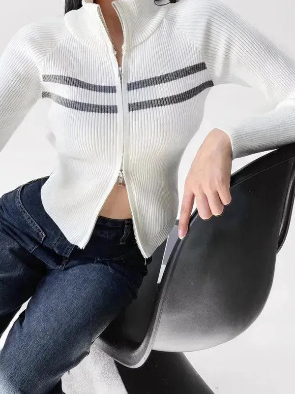 Stylish Striped Zipper Cardigan Sweater for Women - Cozy Fall & Winter Fashion - Perfect for Office, Casual Outings & Layering