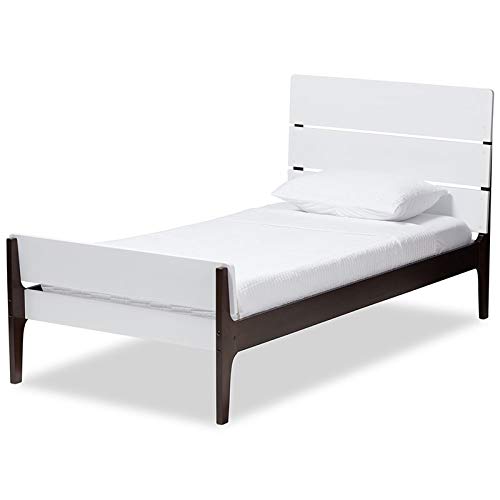 Baxton Studio Nereida Twin Slat Platform Bed Frame - White & Dark Brown Wooden Bed - Modern Minimalist Bedroom Furniture for Small Spaces & Guest Rooms