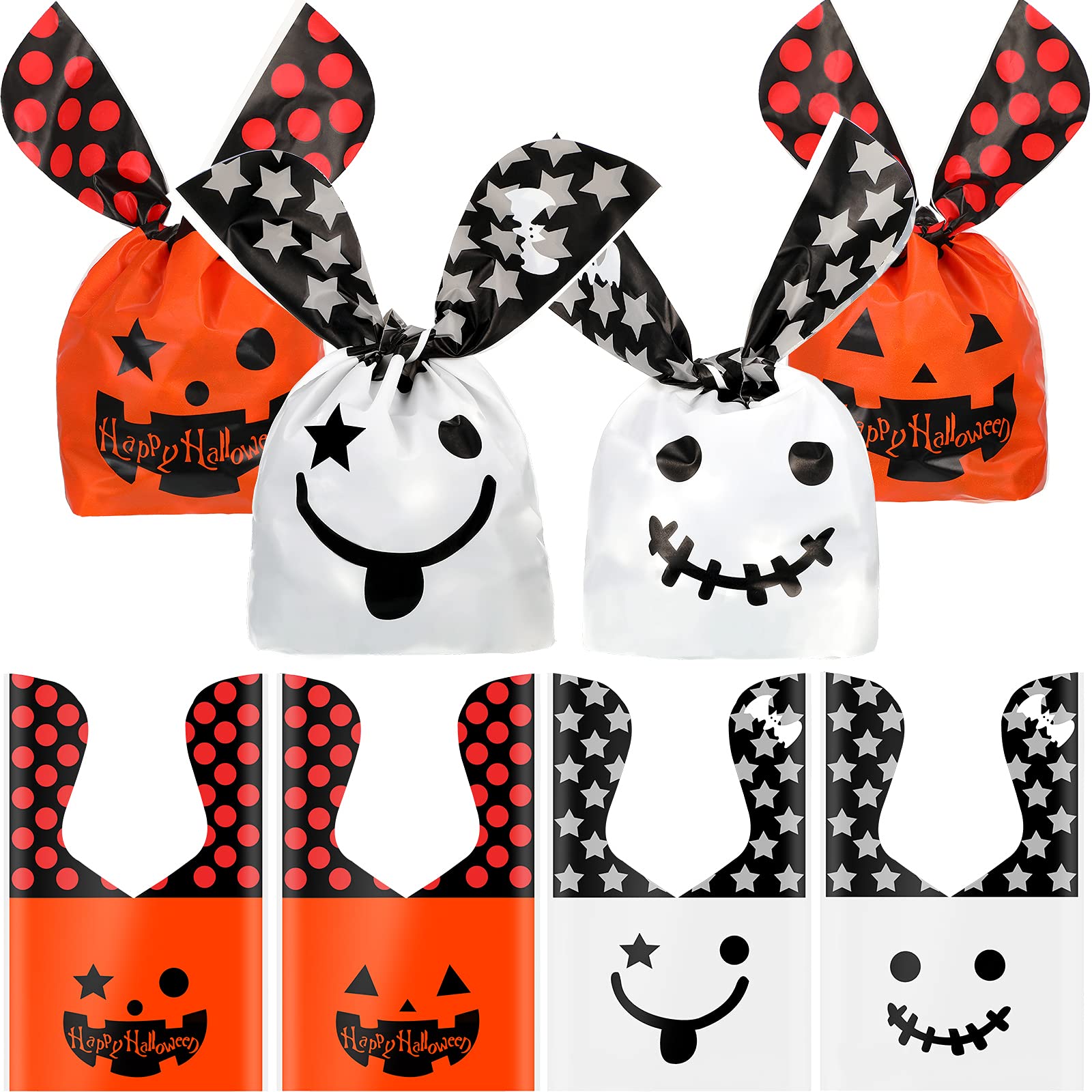 Chinco 100-Pack Halloween Plastic Candy Bags - Orange Pumpkin & White Ghost Treat Bags for Party Favors, Snacks & Decorations | Halloween Party Supplies, Trick-or-Treat Bags, Candy Containers for School Events & Neighborhood Halloween Celebrations