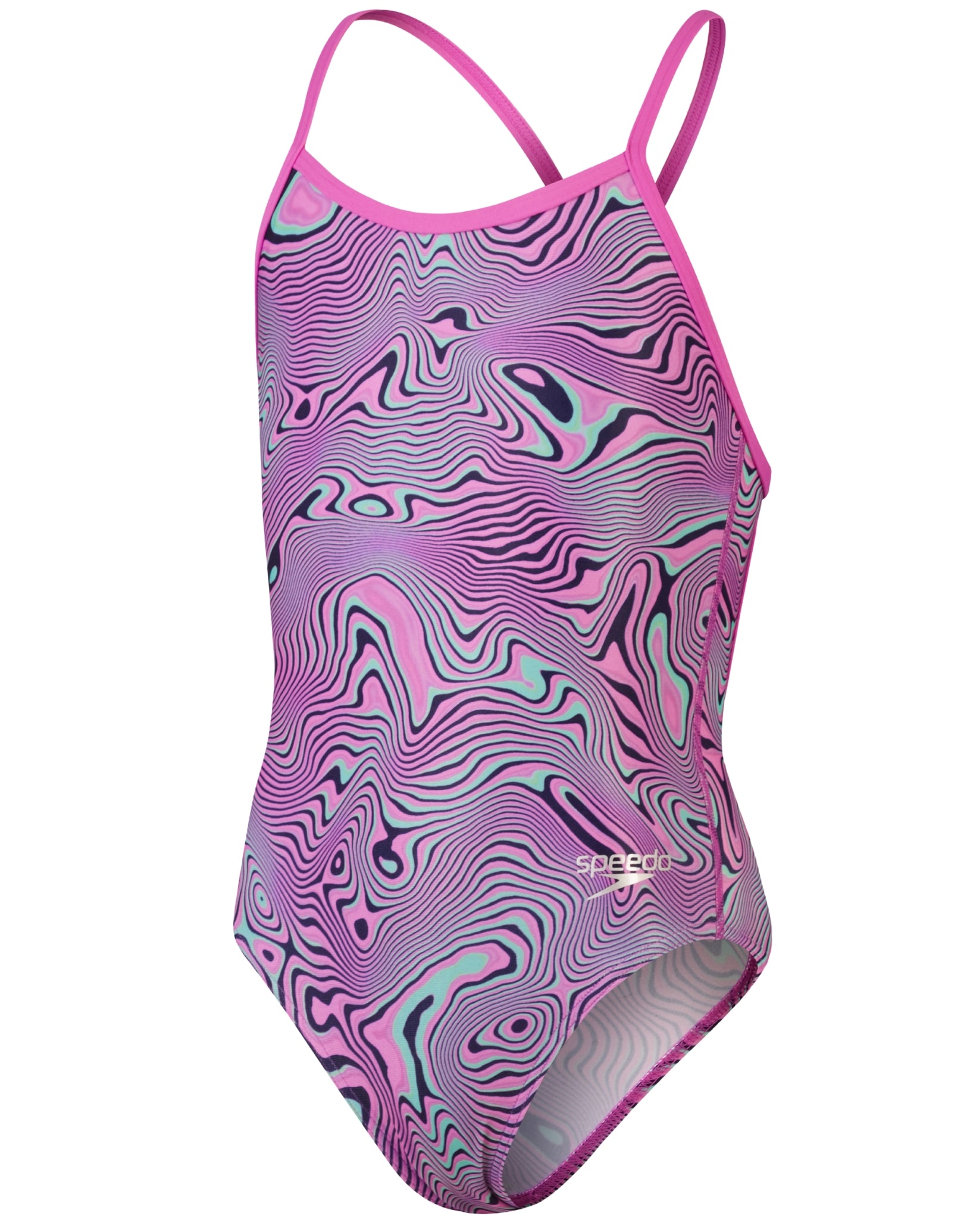 Girls Allover Digital Print V Back Swimsuit - Pink and Green Two-Tone Bathing Suit for Kids, Beach & Pool Swimwear