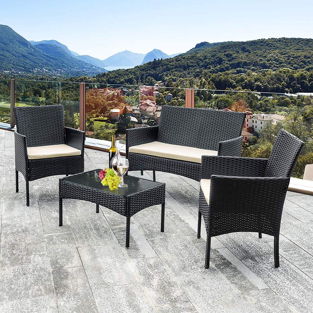Outdoor 4-Piece Rattan Wicker Patio Furniture Set - Black Conversation Sofa & Coffee Table for Backyard, Garden, Poolside, Balcony or Porch | Weather-Resistant & Comfortable Seating
