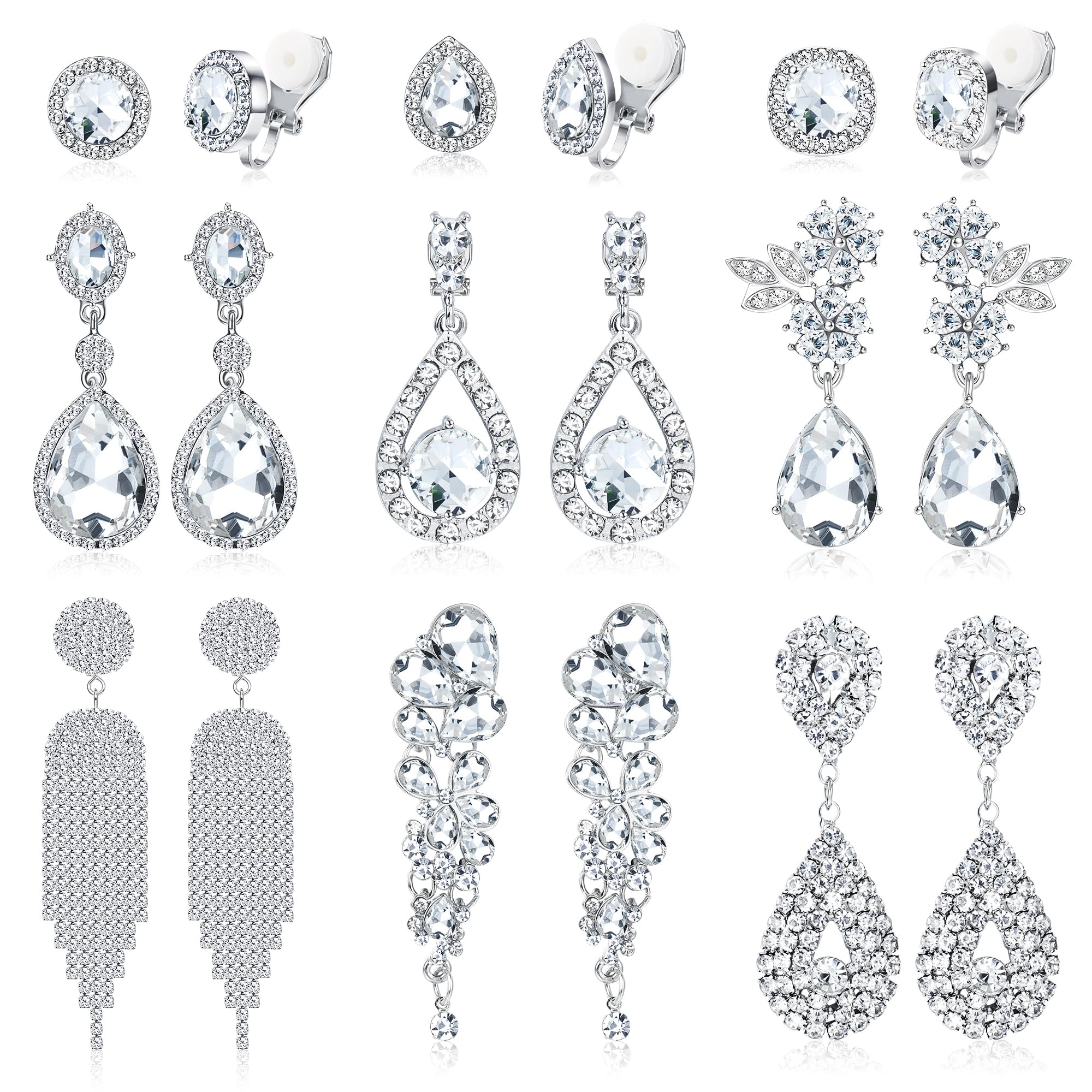 9 Pairs Clip On Earrings for Women - Wedding Bridal Chandelier Teardrop Dangle Earrings Set with Rhinestones - Non-Pierced Jewelry for Brides, Bridesmaids - Perfect for Weddings, Parties, and Special Occasions