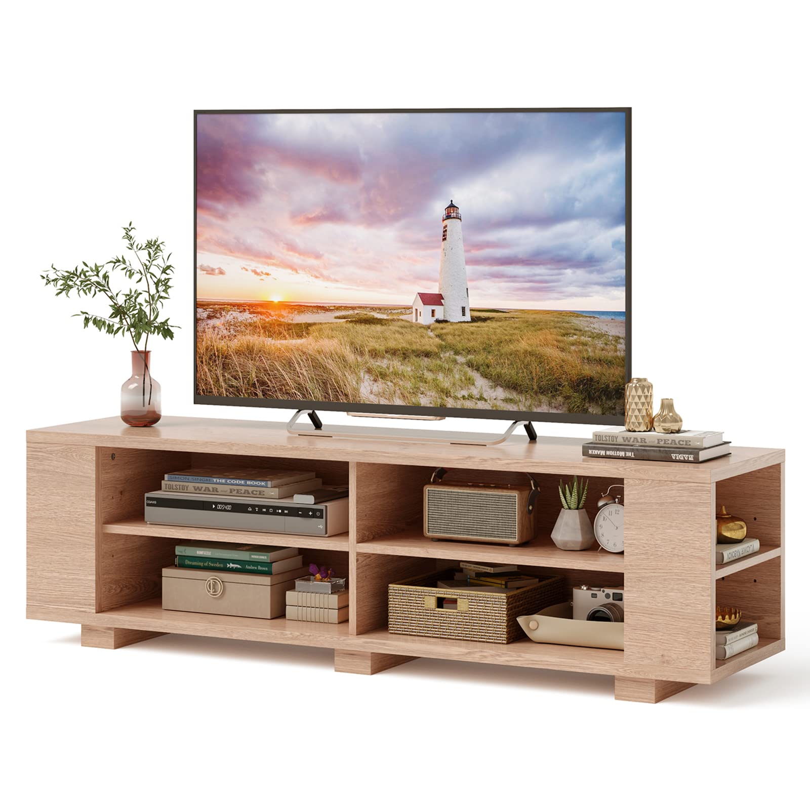 65 Inch Wooden TV Stand with 8 Open Shelves - Modern TV Console Table for Living Room & Bedroom, Entertainment Center with Storage Space | Perfect for Home Theater Setup & Media Organization (Natural-2)