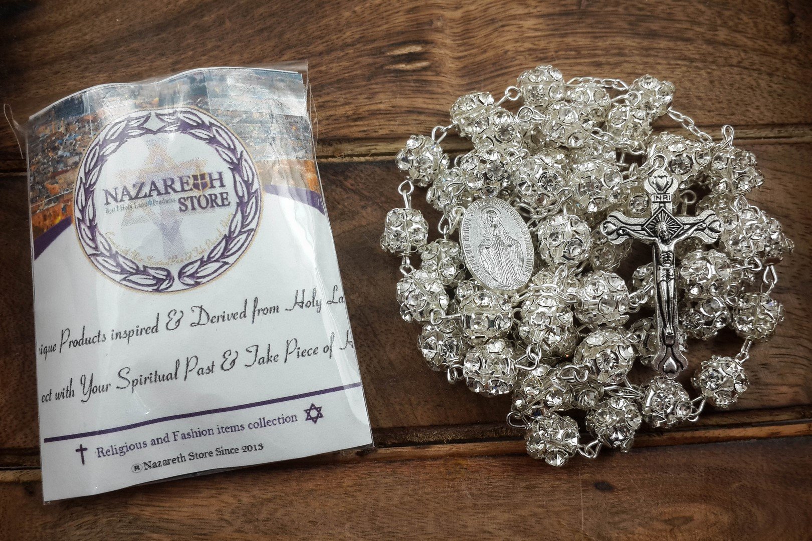 White Zircon Rosary Necklace with Miraculous Medal & Crucifix - Prayer & Gift