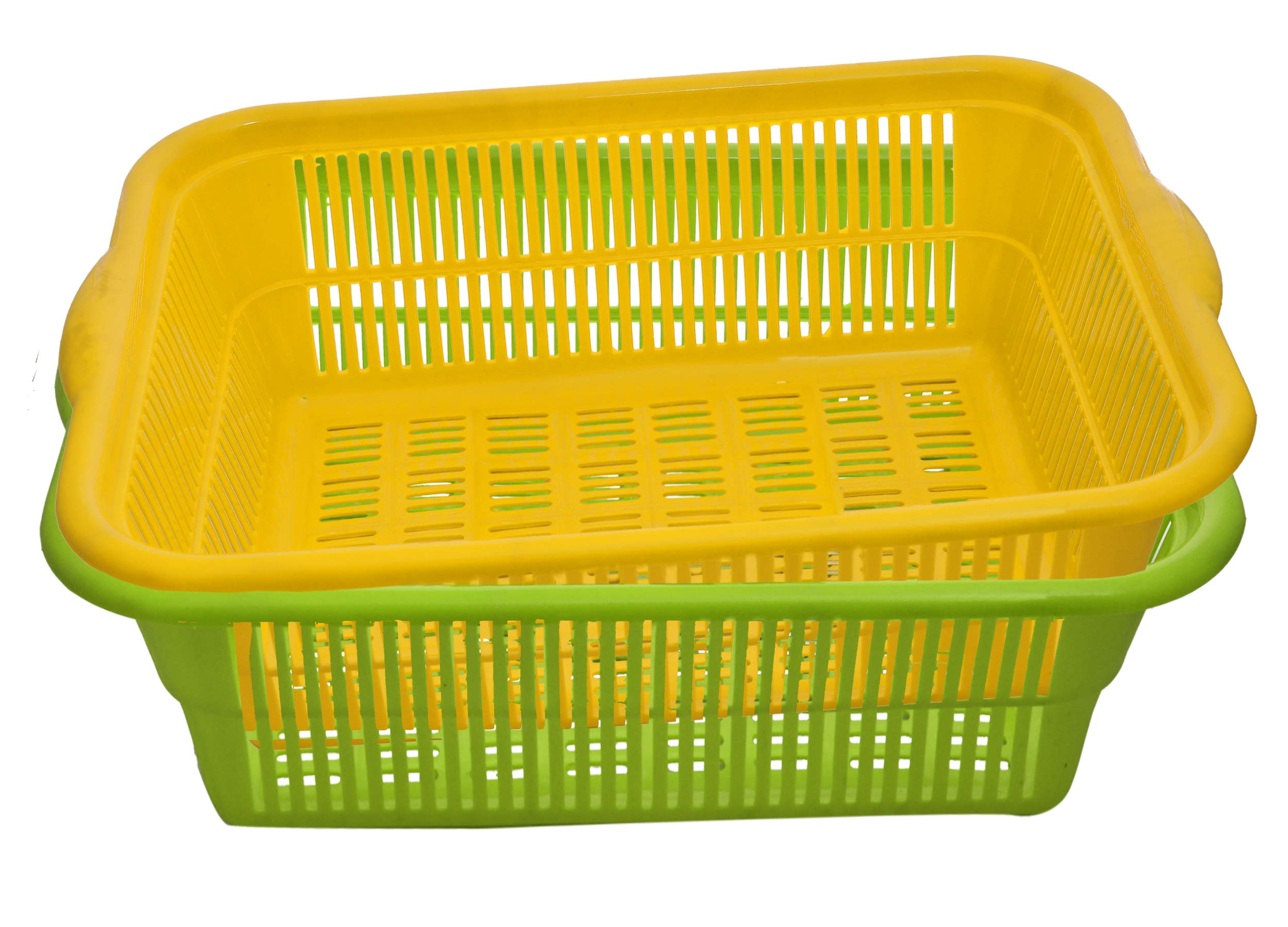 Kuber Industries 2-Piece Plastic Kitchen Vegetable and Fruit Washing Basket Set - Small Multipurpose Organizer (Green & Yellow) - Perfect for Washing Produce, Storing Kitchen Utensils, and Organizing Countertops