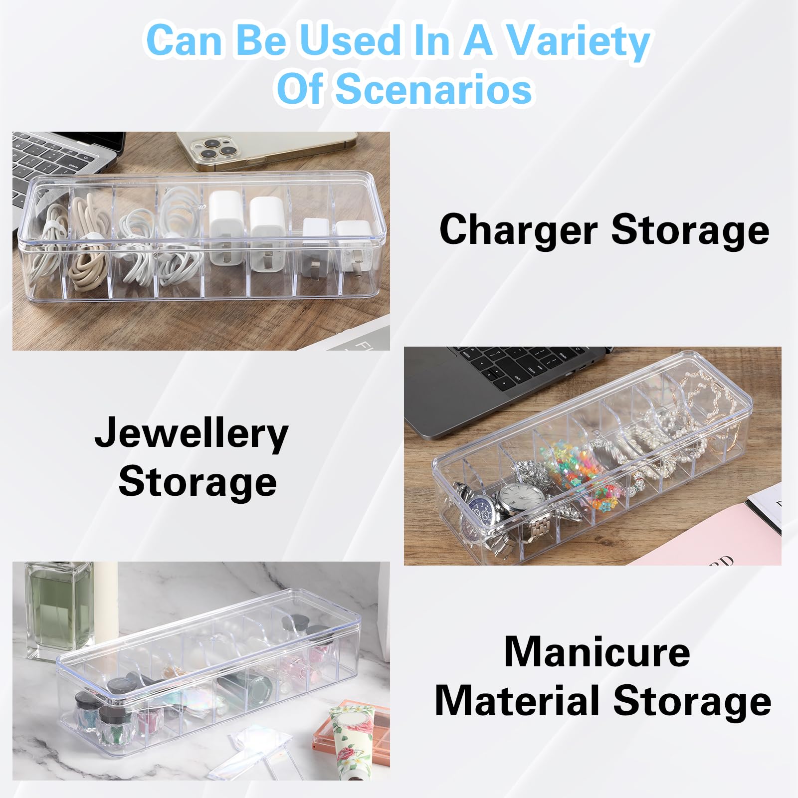 4-Pack Large Clear Plastic Cable Organizer Box with Lid & 20 Wire Ties - Cord Storage Solution for Electronics, Chargers, Home Office & Desk Organization - Perfect for TV Wires, Computer Cables & Charging Stations