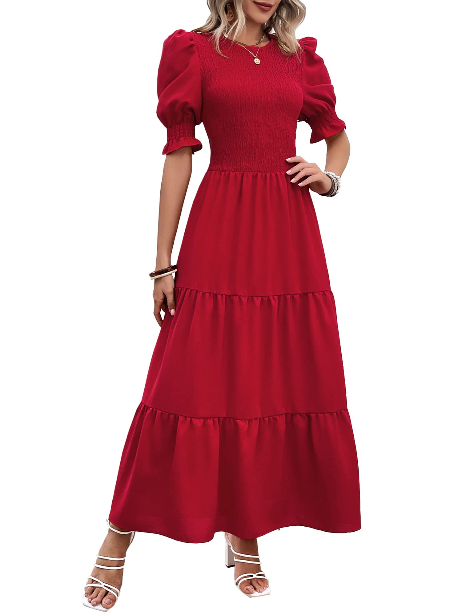 BTFBM Women's Casual Summer Floral Print Boho Maxi Dress - Crew Neck, Ruffle Short Sleeve, Smocked Waist, Flowy Design for Spring/Summer 2025 | Perfect for Beach Vacations, Date Nights & Boho Fashion Outfits