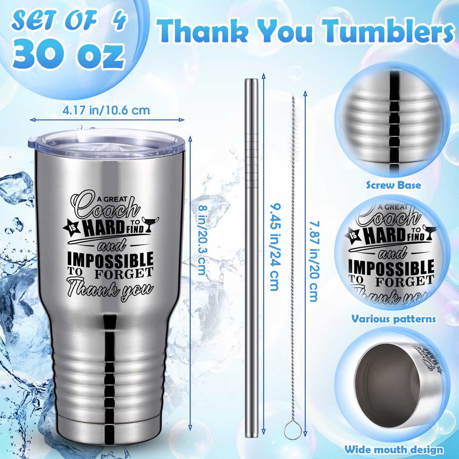 Uiifan 4-Pack 30oz Stainless Steel Coach Thank You Gift Set - Best Coach Ever Tumbler with Lid & Straw (Silver) - Perfect for Basketball, Soccer, Baseball Coaches - Great for Practice, Games & Team Appreciation