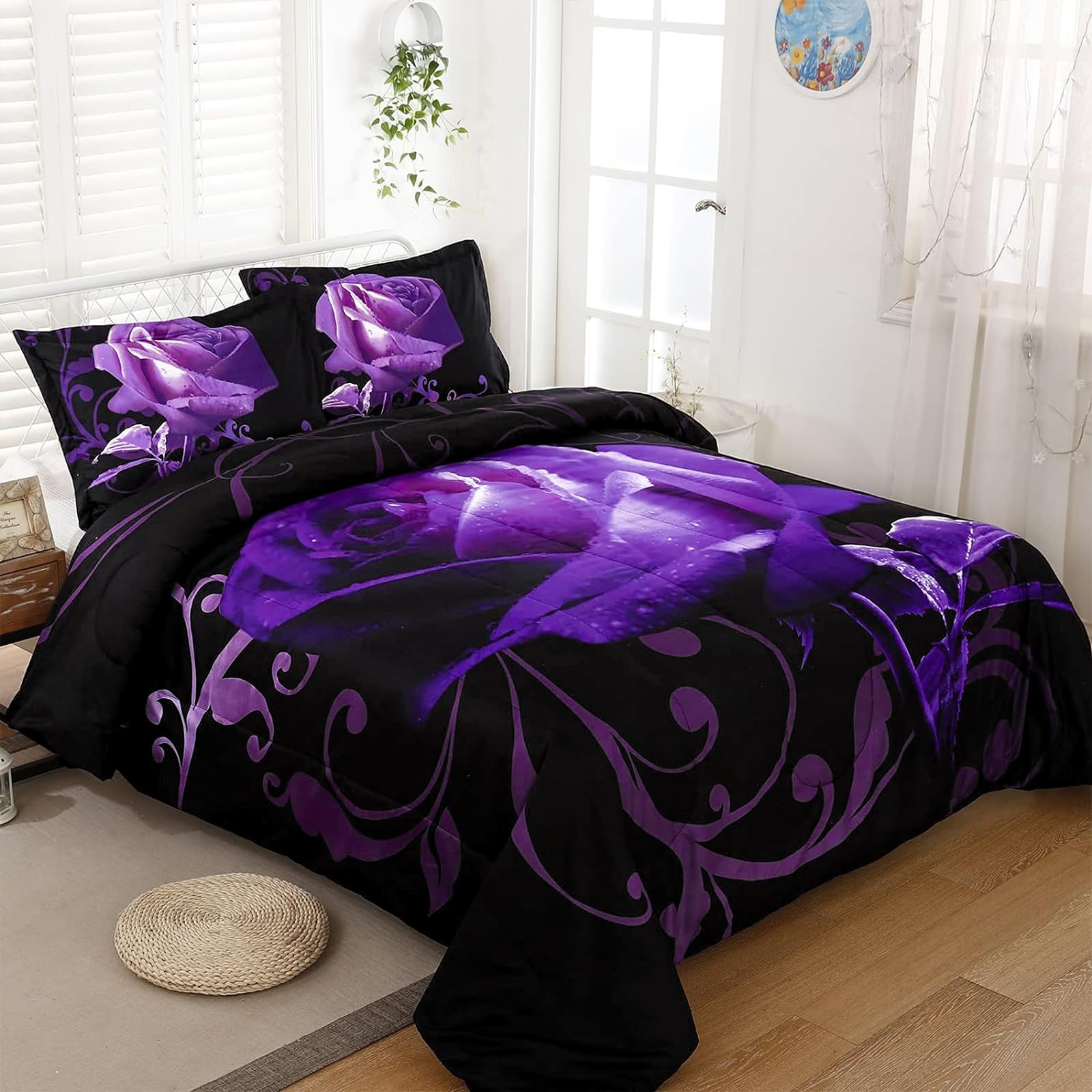 WONGS BEDDING Reversible Purple Rose Comforter Set - Full Size 90x78 Inch All-Season Microfiber Bedding with 2 Pillowcases | Soft & Breathable | Perfect for Master Bedroom, Guest Room & Dorm Decor