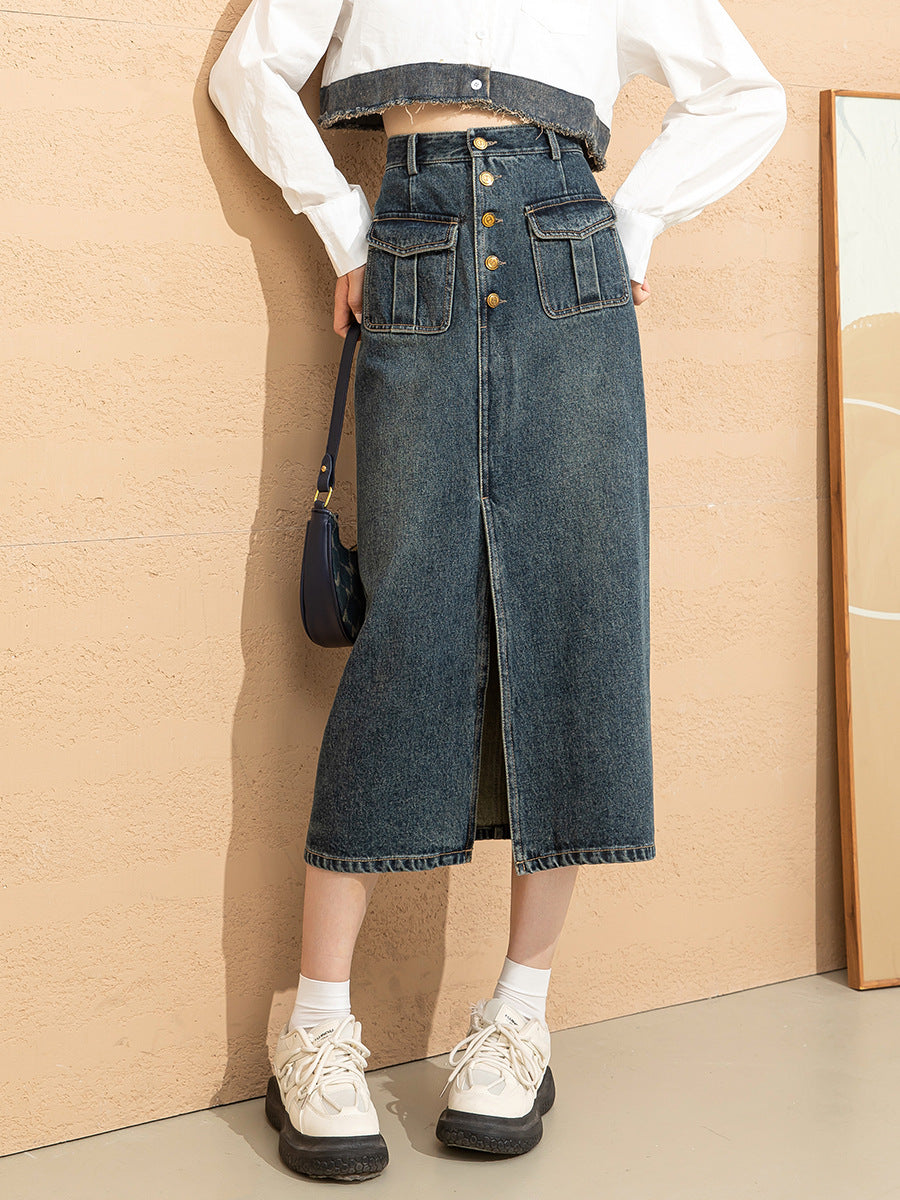 High Waist Denim Skirt for Women - Stretchy Work Skirt with Pockets - Perfect for Office, Casual Wear & Date Nights