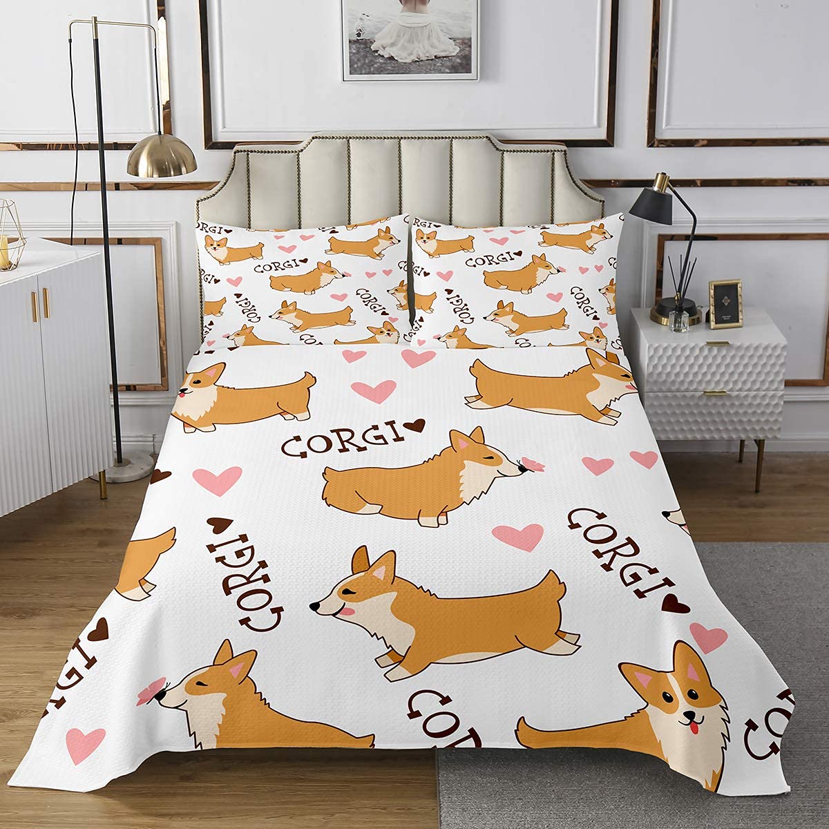 Erosebridal Corgi Dog Bedspread Set - Queen Size Cute Puppy Cartoon Bedding with 2 Pillowcases, Happy Farm Animal Love Pattern Quilted Coverlet in White - Perfect for Pet Lovers' Bedroom Decor and Cozy Farmhouse Style Homes