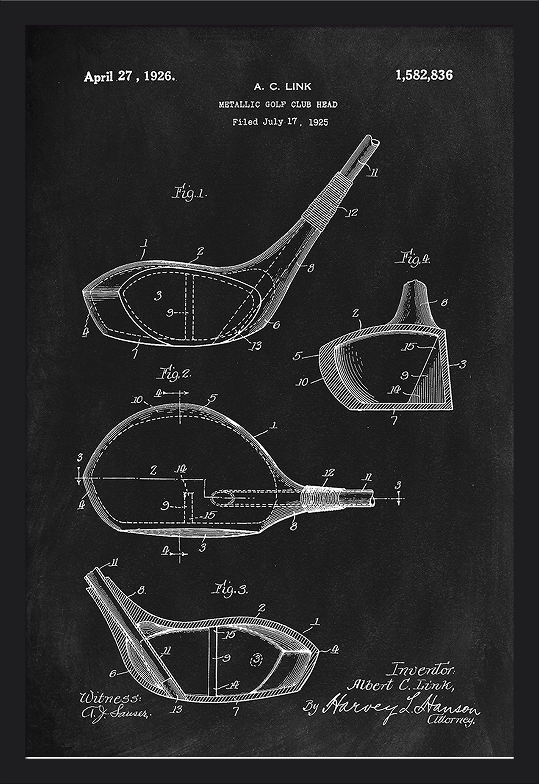 Blackboard Patent Golf Club Driver 84282 - 24x36 Giclee Art Print in Black Wood Gallery Frame - Vintage Golf Decor for Home Office or Man Cave