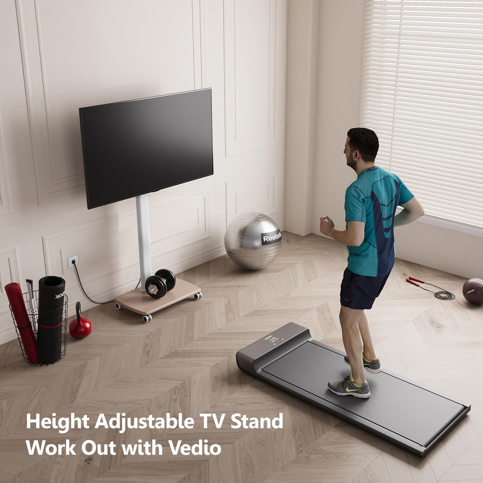 FITUEYES Rolling TV Stand with Power Outlets - Swivel Mobile TV Cart for 32-70 Inch Flat/Curved Screens, Height Adjustable Wood Base Supports 99Lbs - Perfect for Living Room, Bedroom, and Office Entertainment Setup