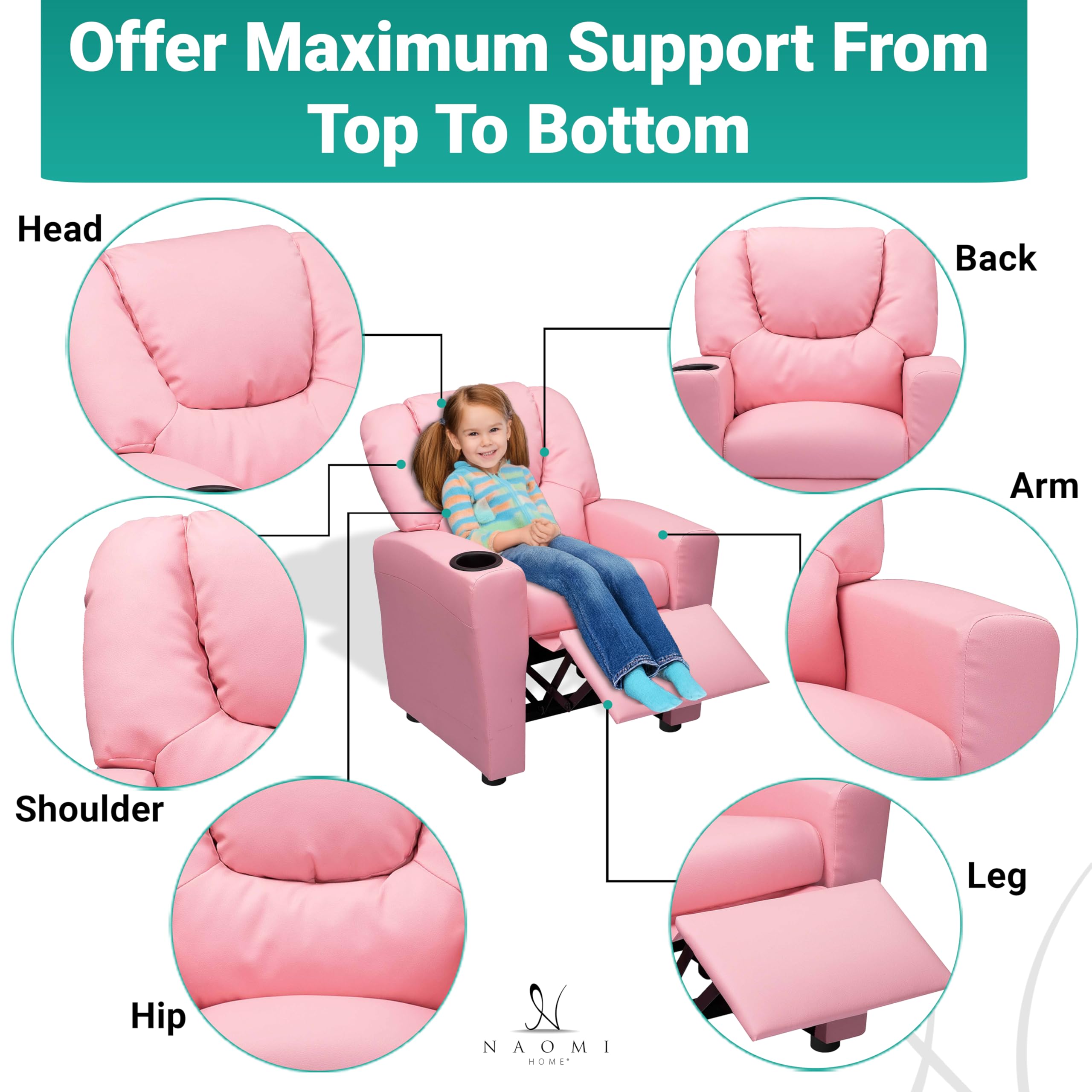 Naomi Home Suri Push Back Kids Recliner Chair with Footrest & Cup Holders - Toddler Recliner for Boys & Girls Ages 3+ (Pink) - Perfect for Playrooms, Bedrooms & TV Time - Durable PVC Kids Furniture for Relaxing & Snacking