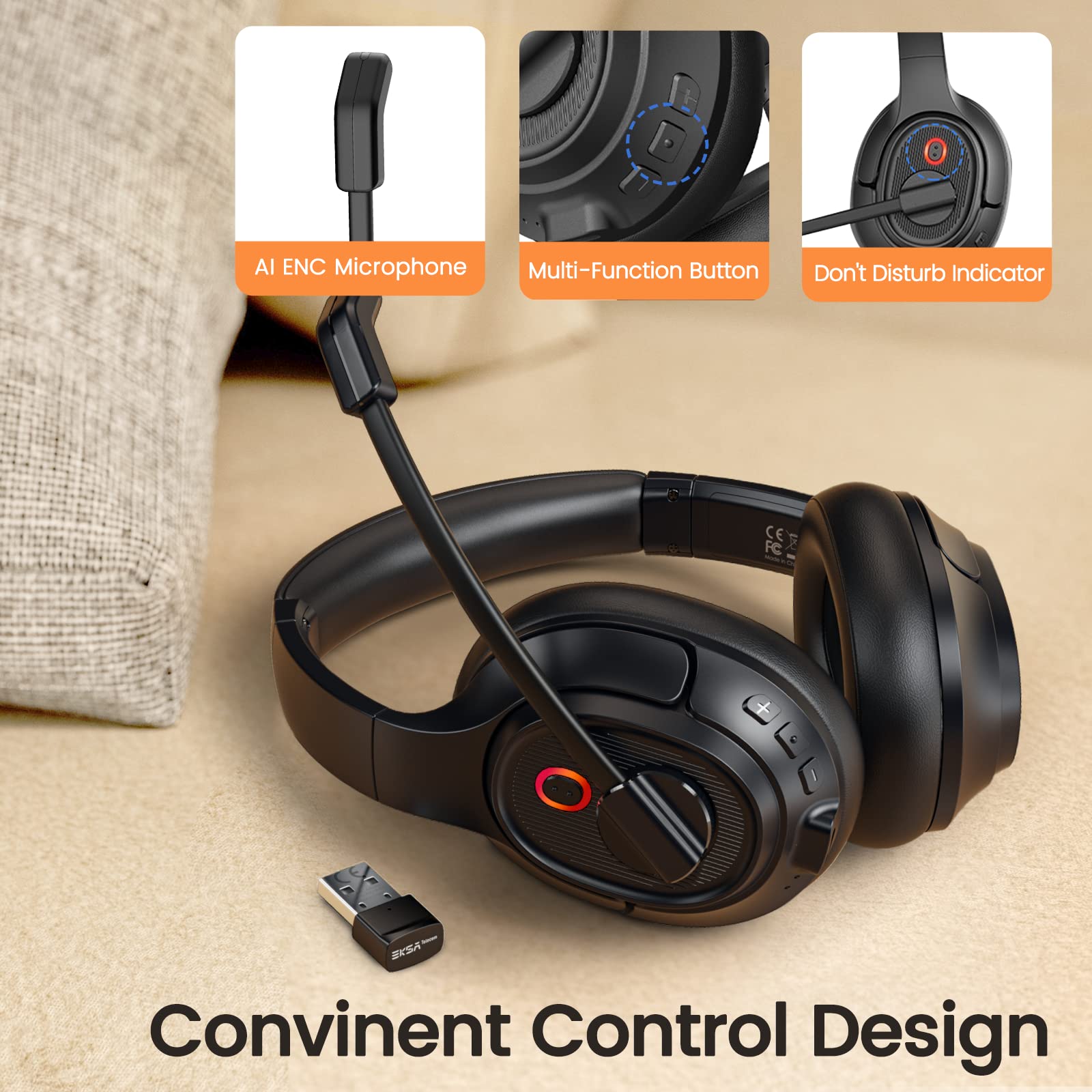 EKSA Wireless Bluetooth 5.0 Headset with AI Noise Cancelling Microphone - Comfortable Over-Ear Headphones for Work, PC, Laptop, Zoom Meetings & Office Calls - Perfect for Remote Work, Gaming & Online Classes