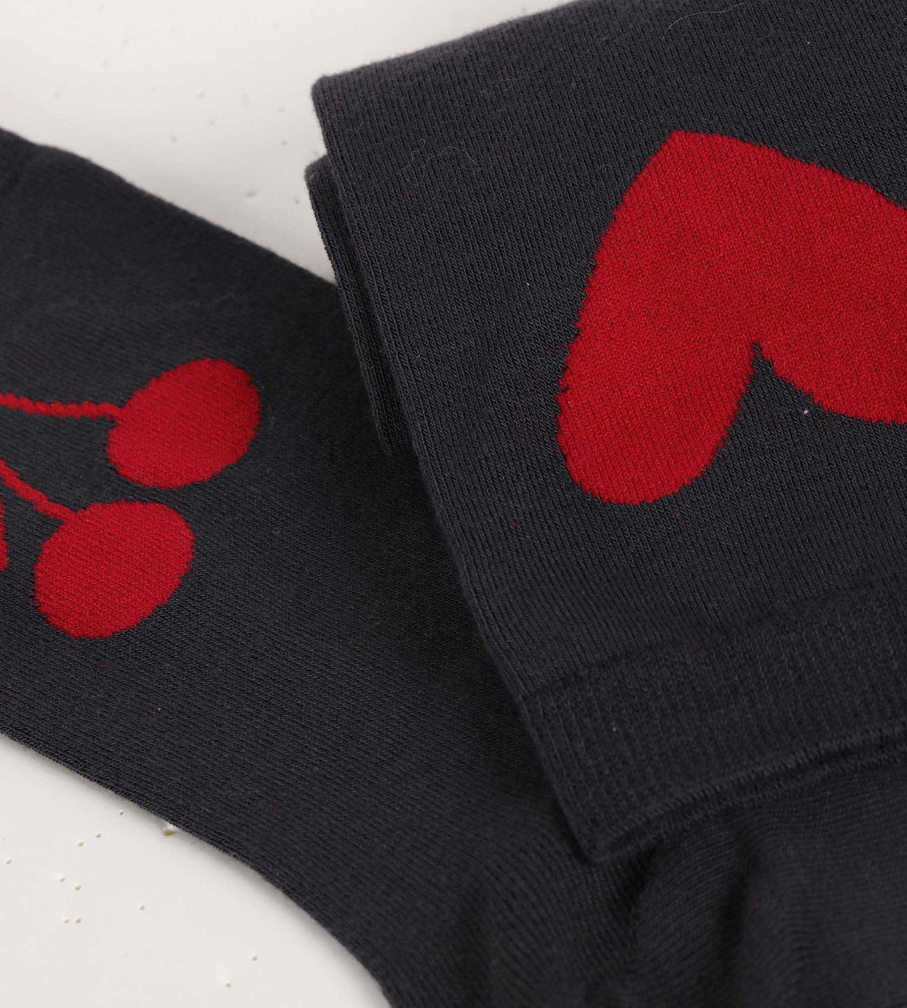 2 Pairs Women's Socks - Dark Gray Heart & Cherry Print Bamboo Cotton - Soft Breathable for Daily Wear, Workout & Casual Outfits