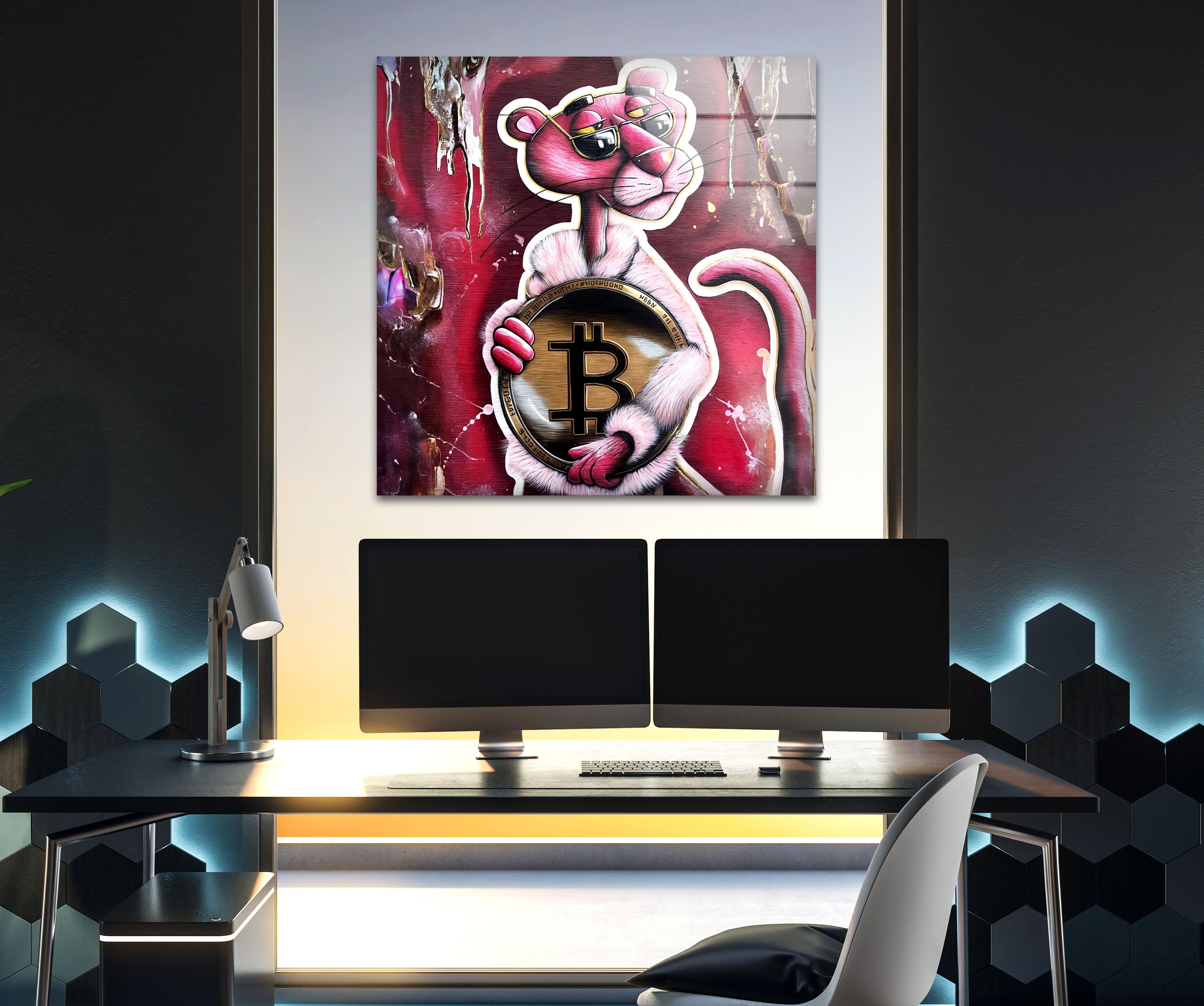 Bitcoin Panther Glass Wall Art - Modern Crypto Decor for Home & Office - Perfect for Living Room, Bedroom, or Office Wall Decor